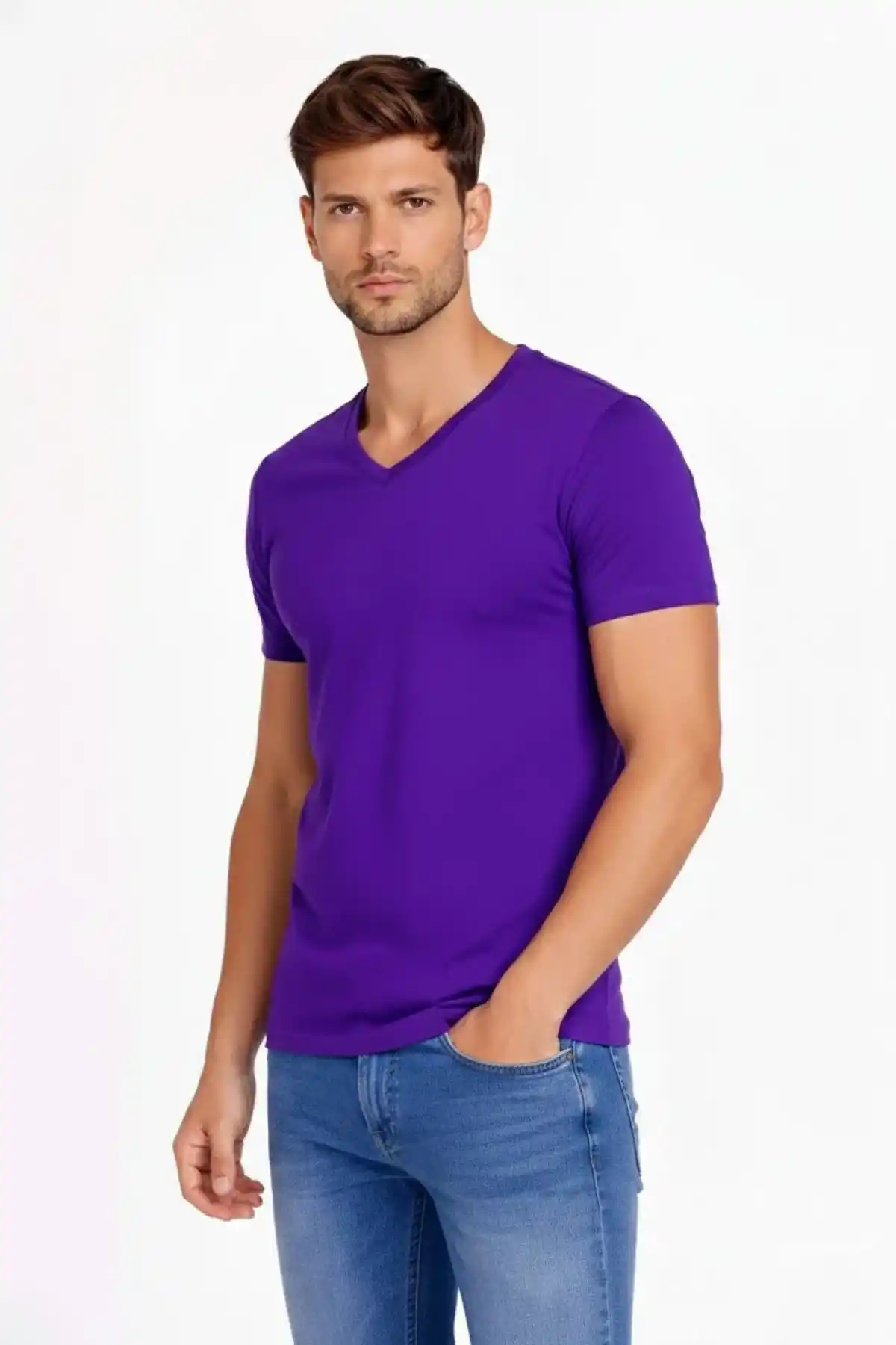 Erkek V Yaka Slim Fit dar kesim Likralı Tişört - Mor
