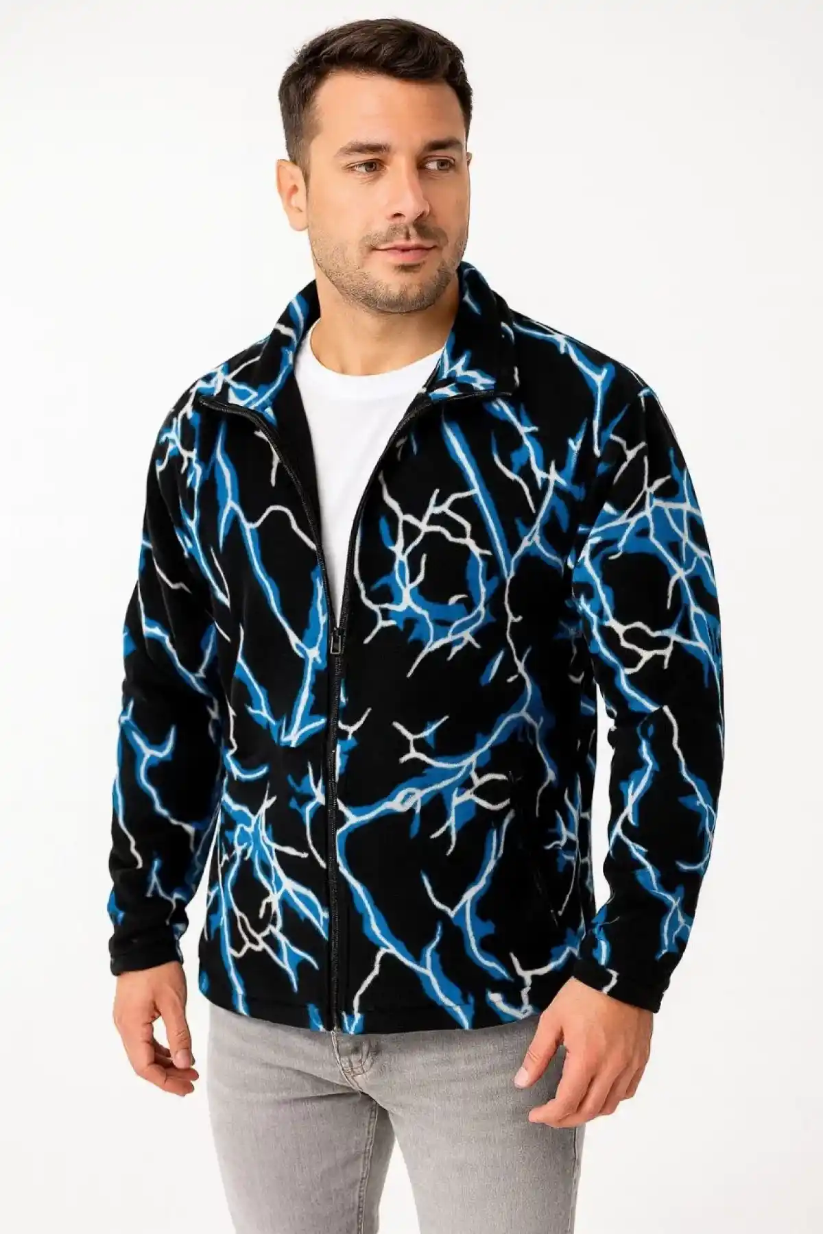 Erkek Tam Fermuarlı Desenli Polar Sweat Lightning Desen Yakalı, Uzun Kollu, Oversize Rahat Kalıp - Siyah