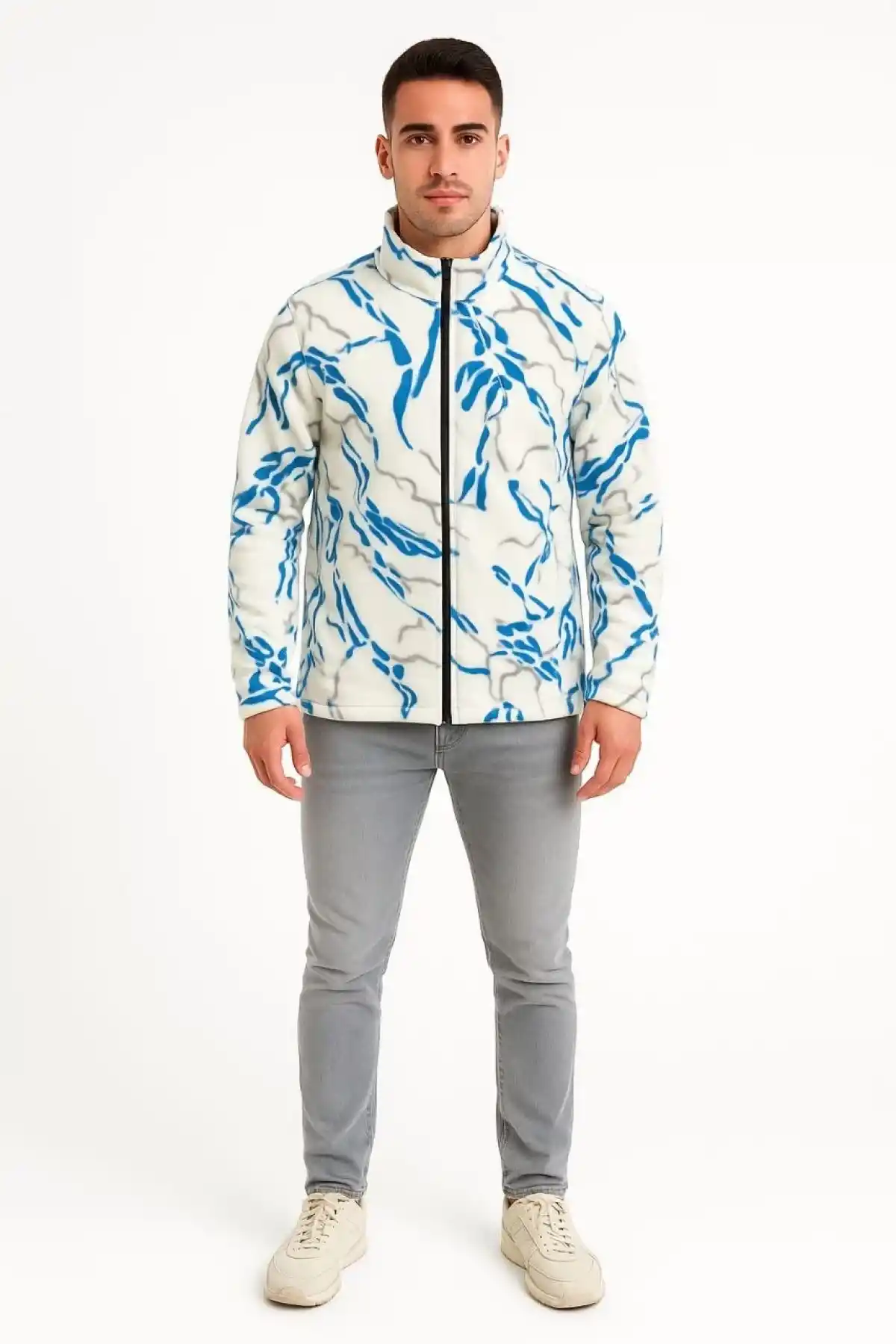 Erkek Tam Fermuarlı Desenli Polar Sweat Lightning Desen Yakalı, Uzun Kollu, Oversize Rahat Kalıp - Beyaz