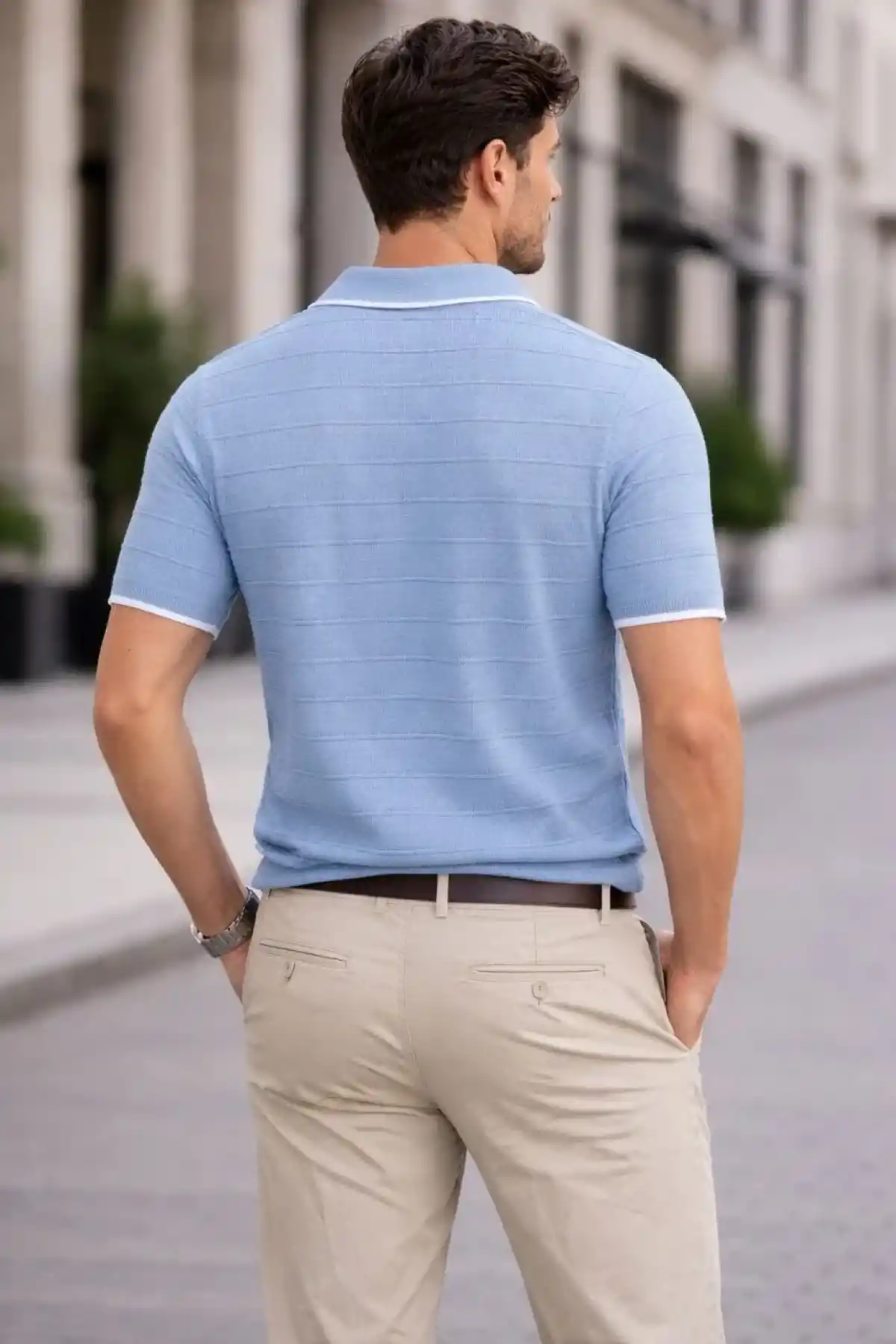 Erkek Triko Kumaş Yakalı Düğmesiz Açık Yaka Fitilli Kısa Kollu Regular Fit Tişört T-shirt - Bebek Mavisi