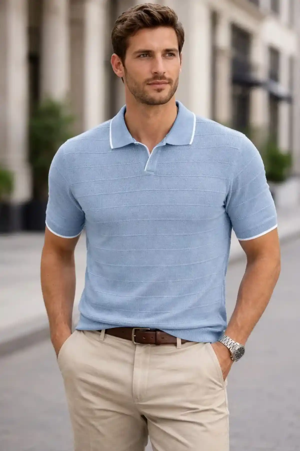 Erkek Triko Kumaş Yakalı Düğmesiz Açık Yaka Fitilli Kısa Kollu Regular Fit Tişört T-shirt - Bebek Mavisi