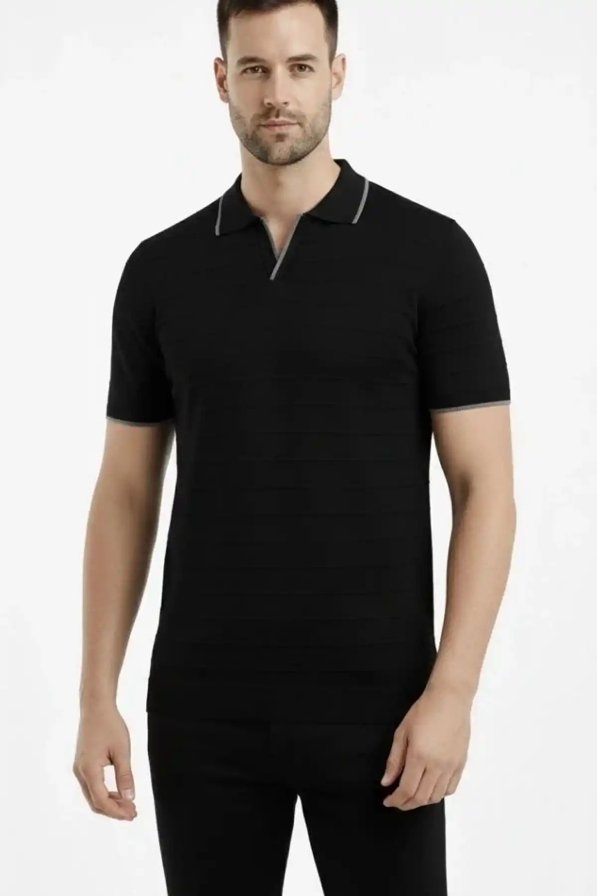 Erkek Triko Kumaş Yakalı Düğmesiz Açık Yaka Fitilli Kısa Kollu Regular Fit Tişört T-shirt - Siyah