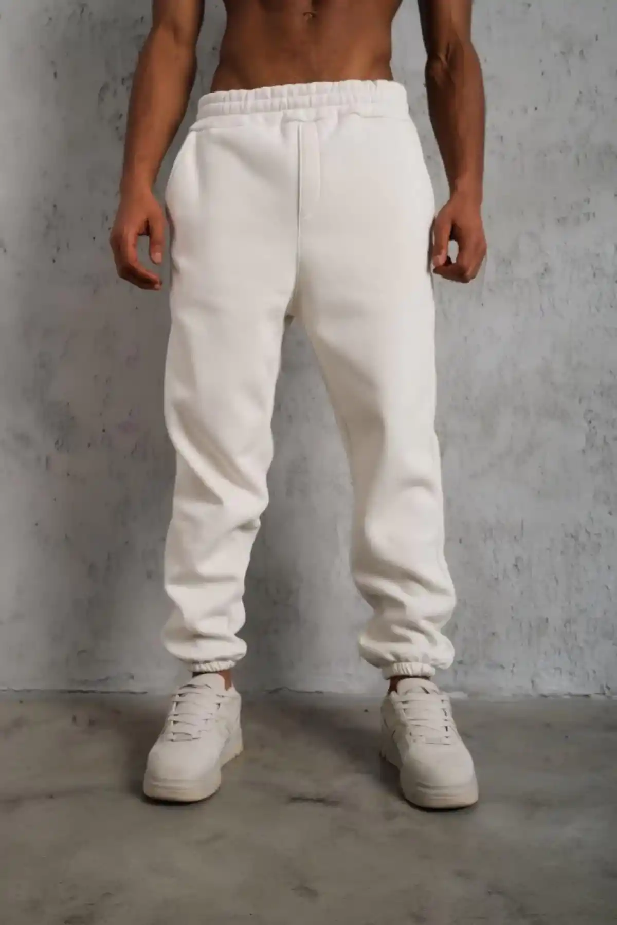 Erkek Üç İplik Alt Eşofman Lastikli - Beyaz