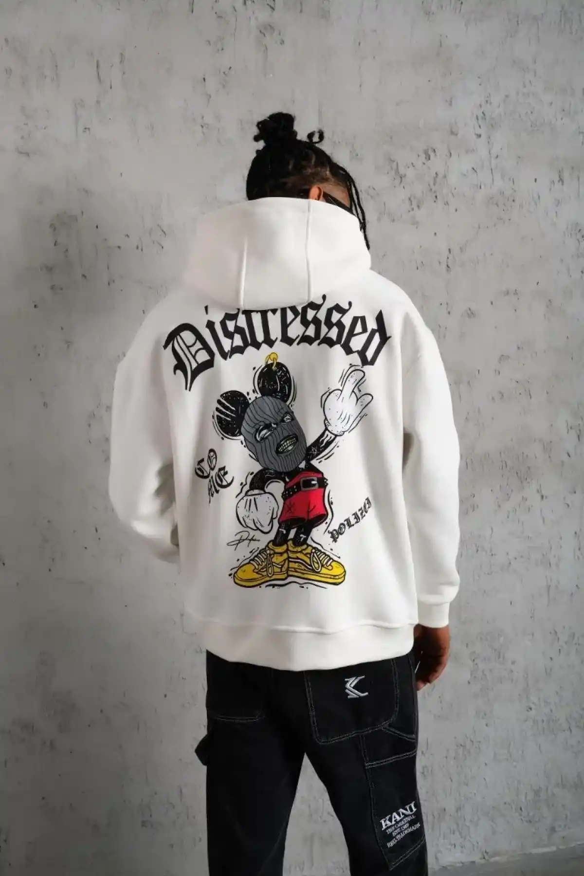 Erkek 3 İplik Pamuklu Kapüşonlu Baskılı Cepli Oversize Sweatshirt Hoodie - Beyaz