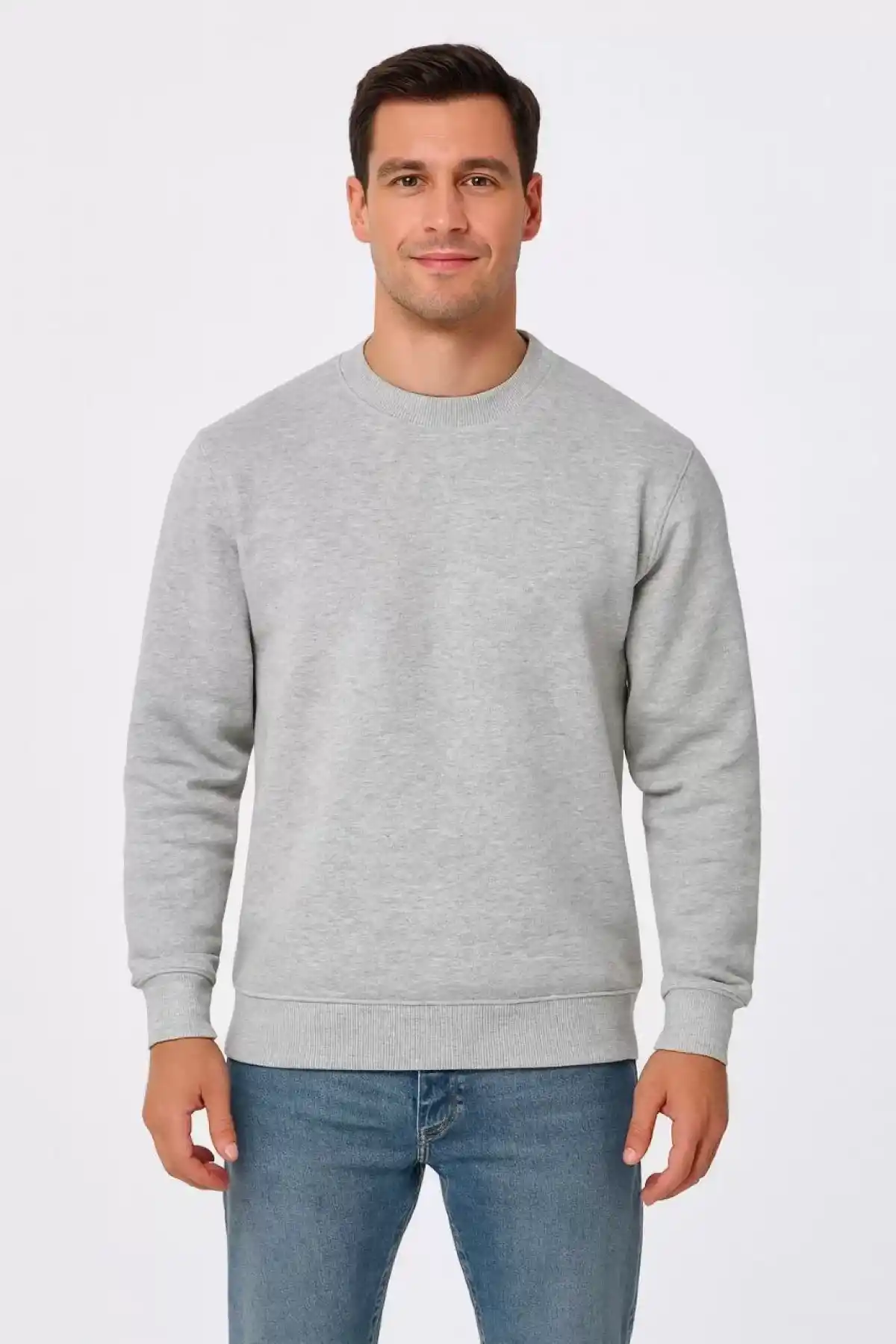 Erkek Üç İplik Düz Bisiklet Yaka SweatShirt - Gri