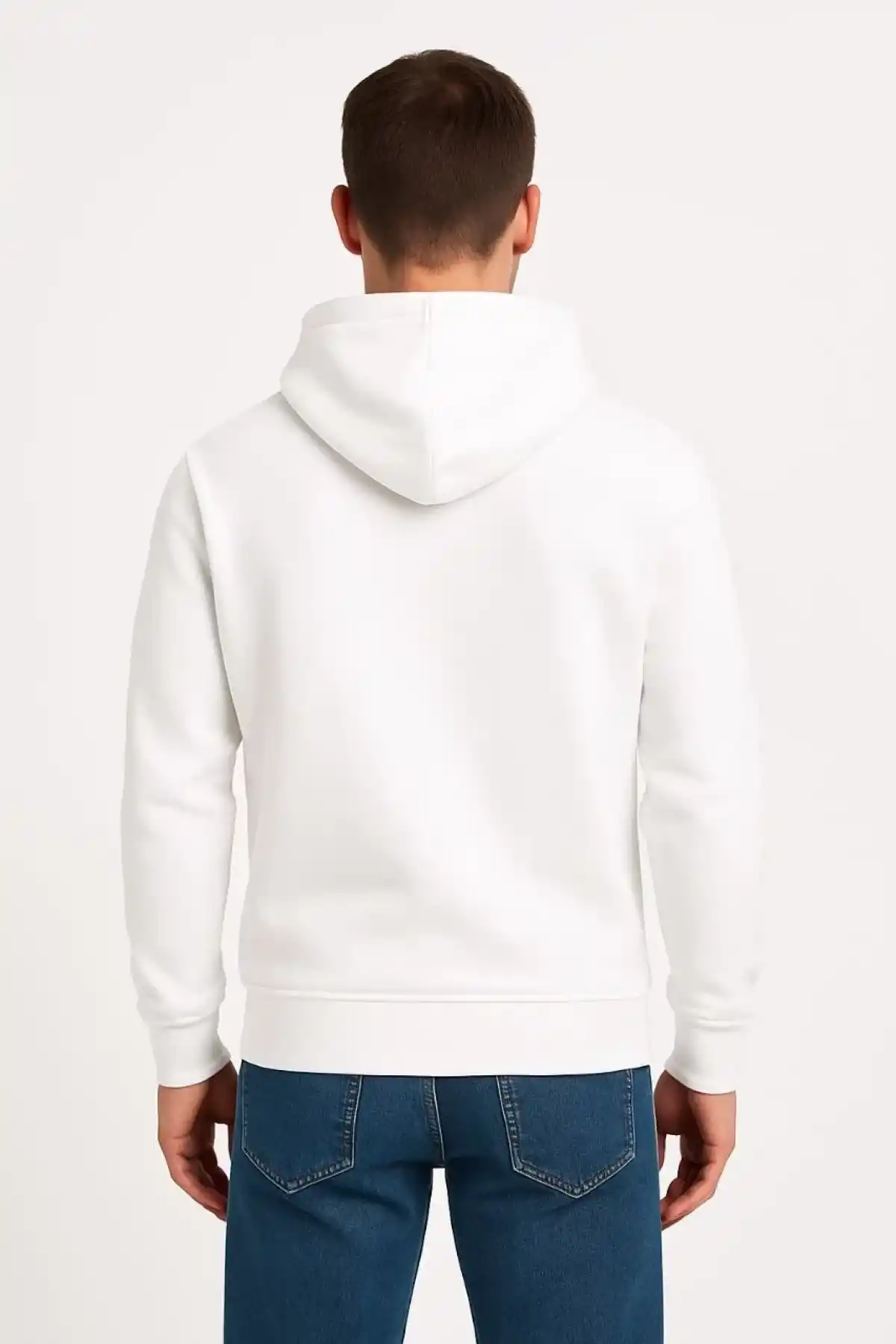 Erkek Üç İplik Kapüşonlu Kanguru Cepli SweatShirt hoodie - Beyaz