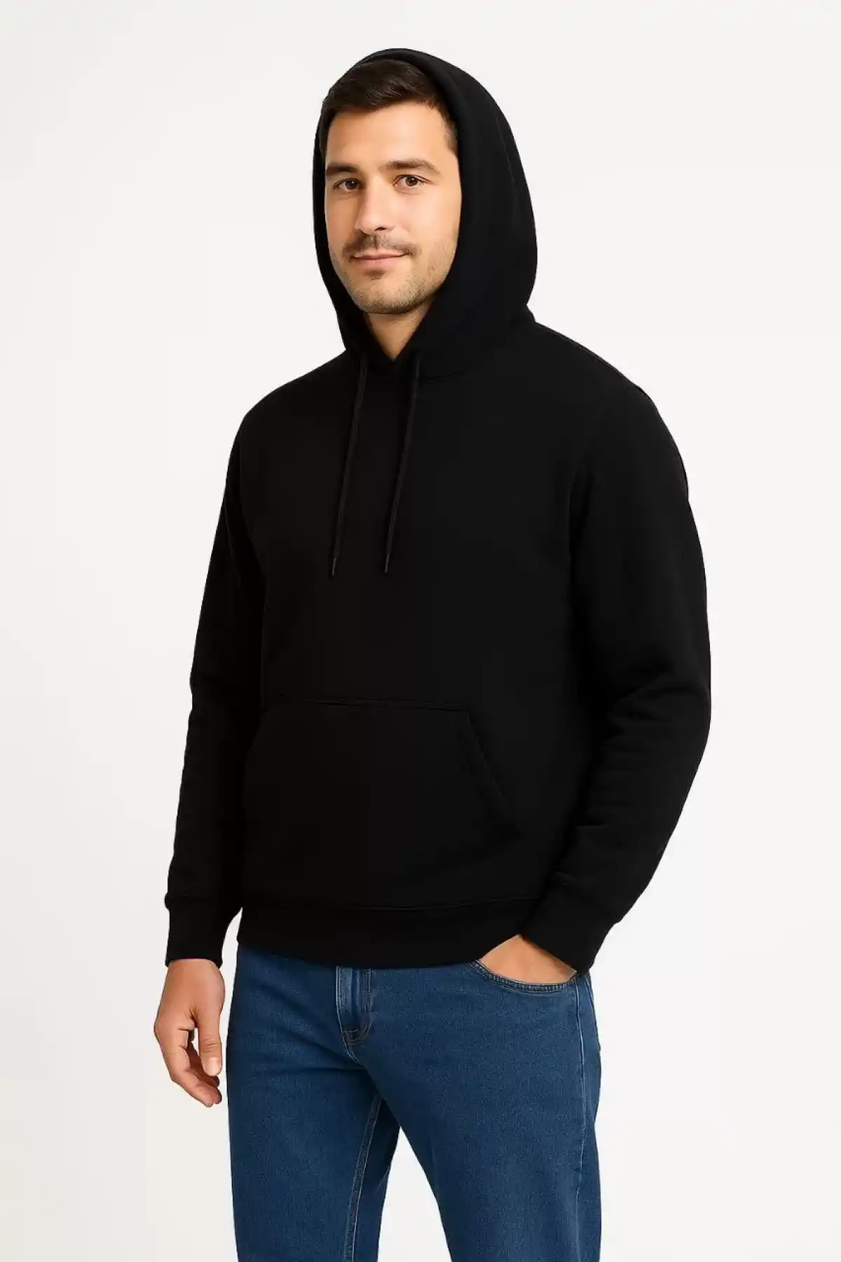Erkek Üç İplik Kapüşonlu Kanguru Cepli SweatShirt hoodie - Siyah