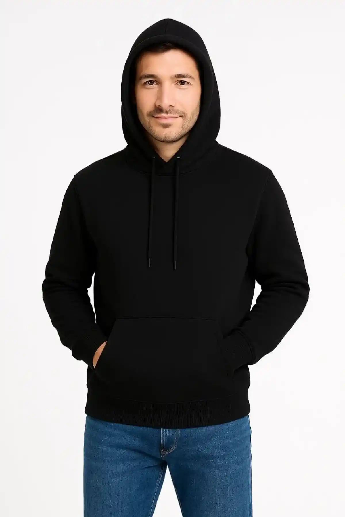 Erkek Üç İplik Kapüşonlu Kanguru Cepli SweatShirt hoodie - Siyah