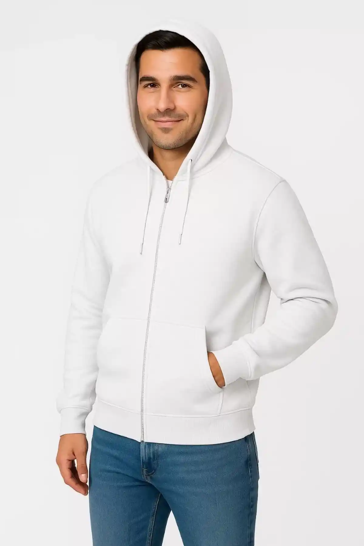 Erkek Üç İplik Kapüşonlu Tam Fermuarlı Kanguru Cepli SweatShirt Hoodie - Beyaz