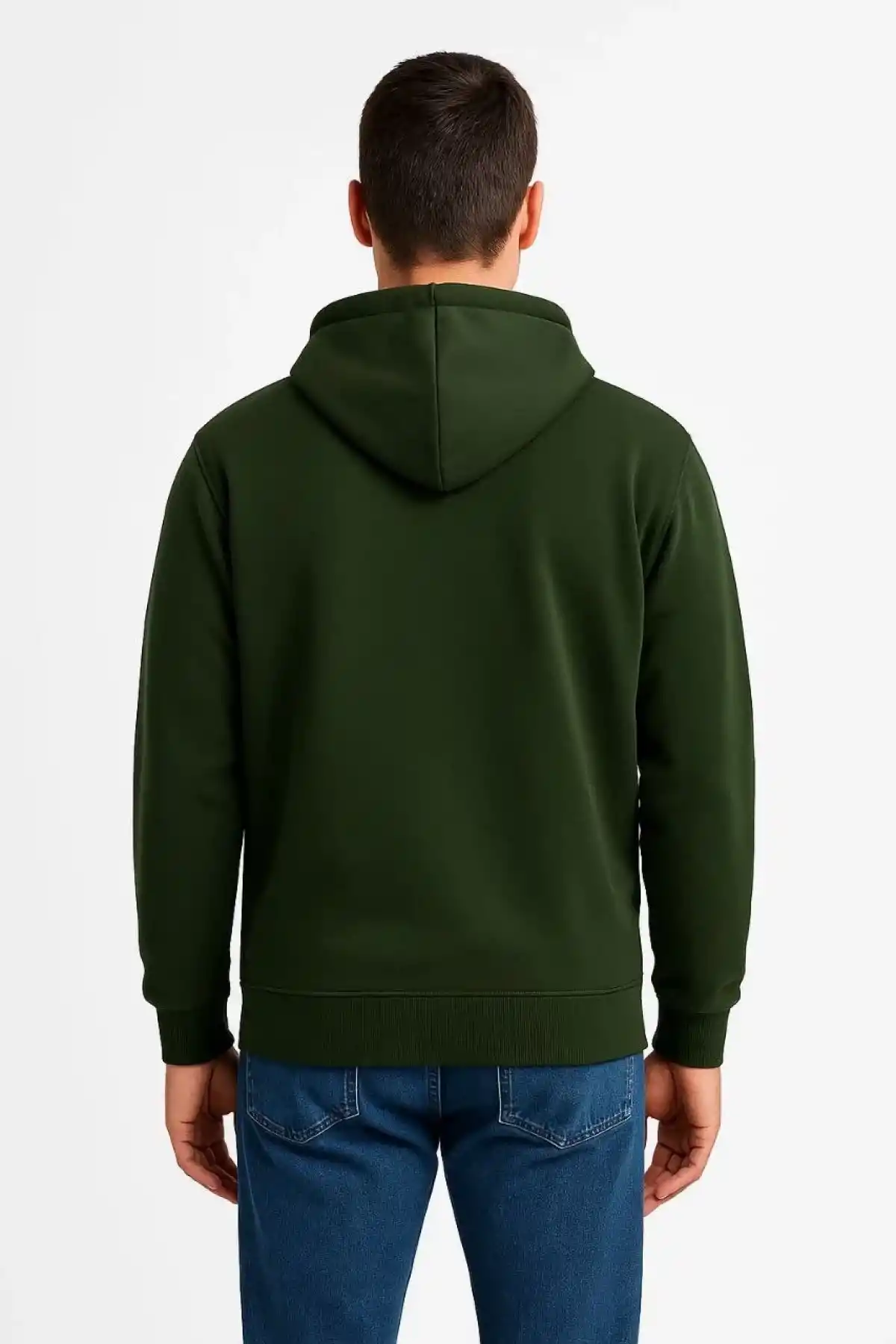 Erkek Üç İplik Kapüşonlu Tam Fermuarlı Kanguru Cepli Sweatshirt Hoodie - Haki