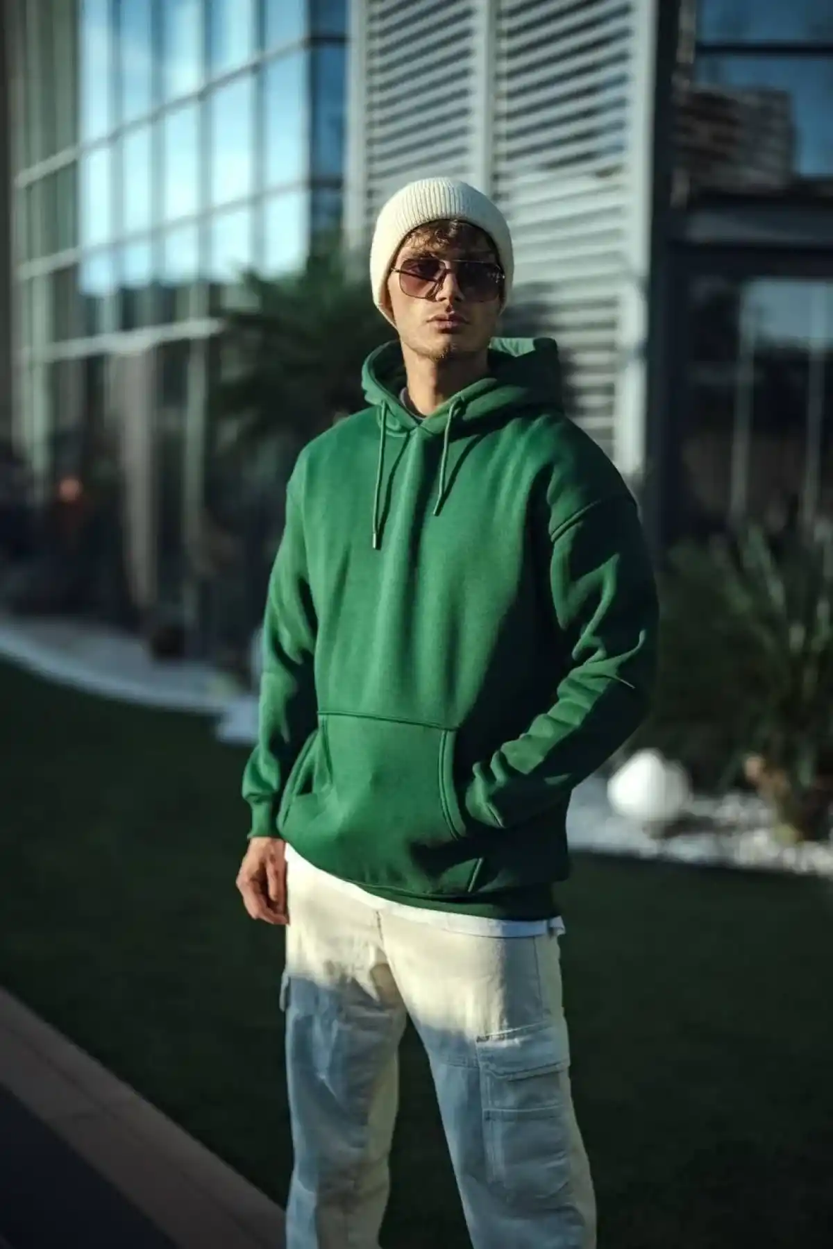 Erkek Üç İplik Penye kapüşonlu Basic SweatShirt - Haki