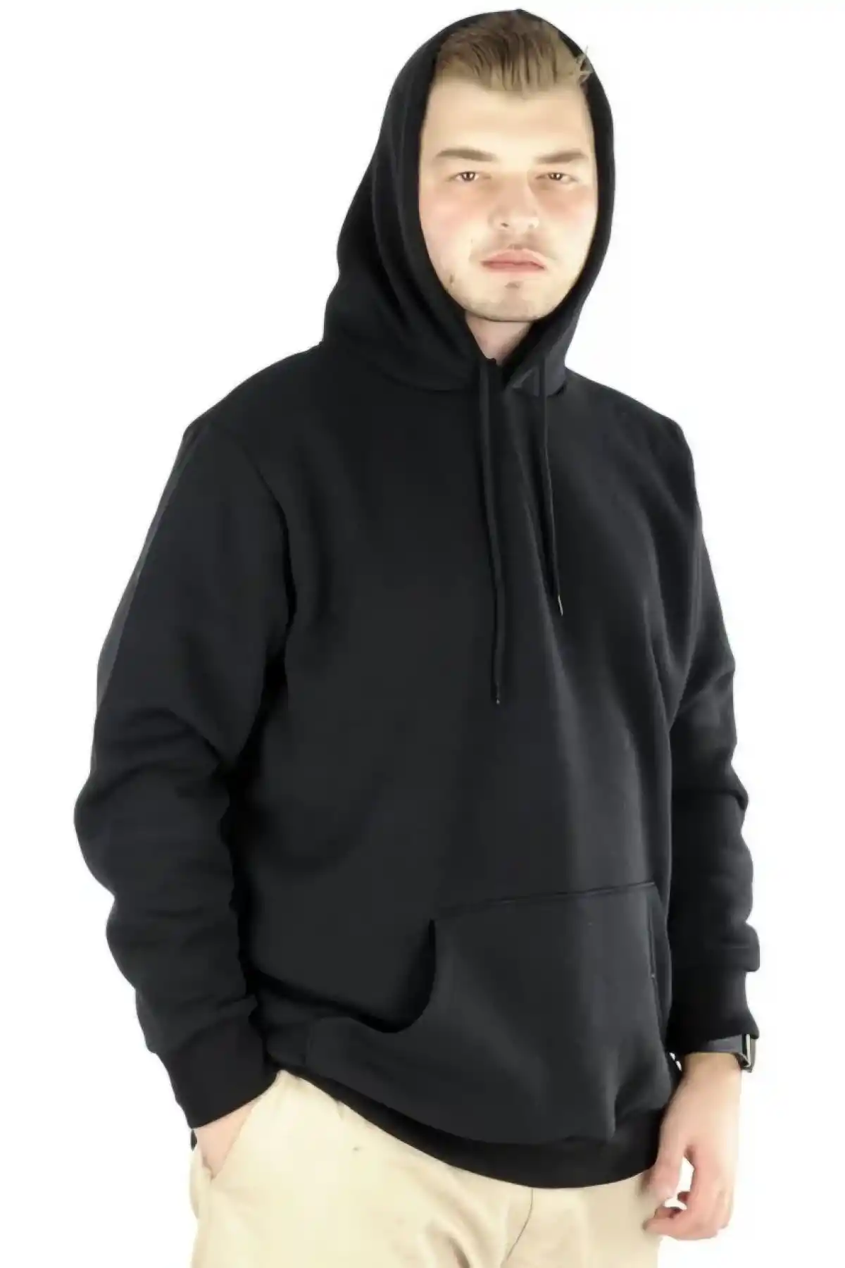 Erkek 3 İplik Pamuklu Kapüşonlu Cepli Oversize Hoodie Sweatshirt - Siyah
