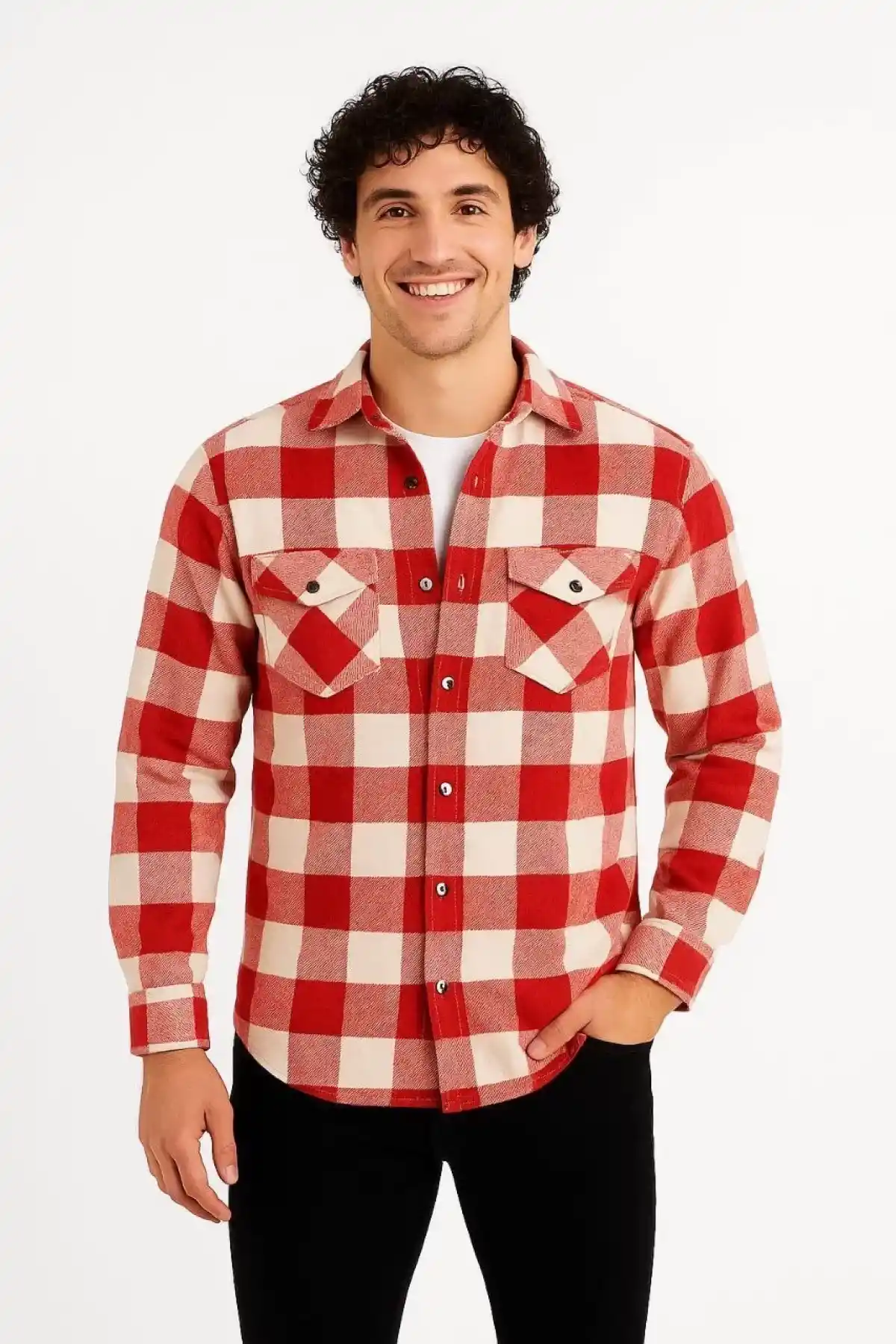 Erkek Oduncu Gömlek – Uzun Kollu, Şardonlu Kumaş, Kareli Desen, Regular Fit, Manşetli, Çift Cepli, Rahat Günlük Bahar & Kış Stil - Kırmızı
