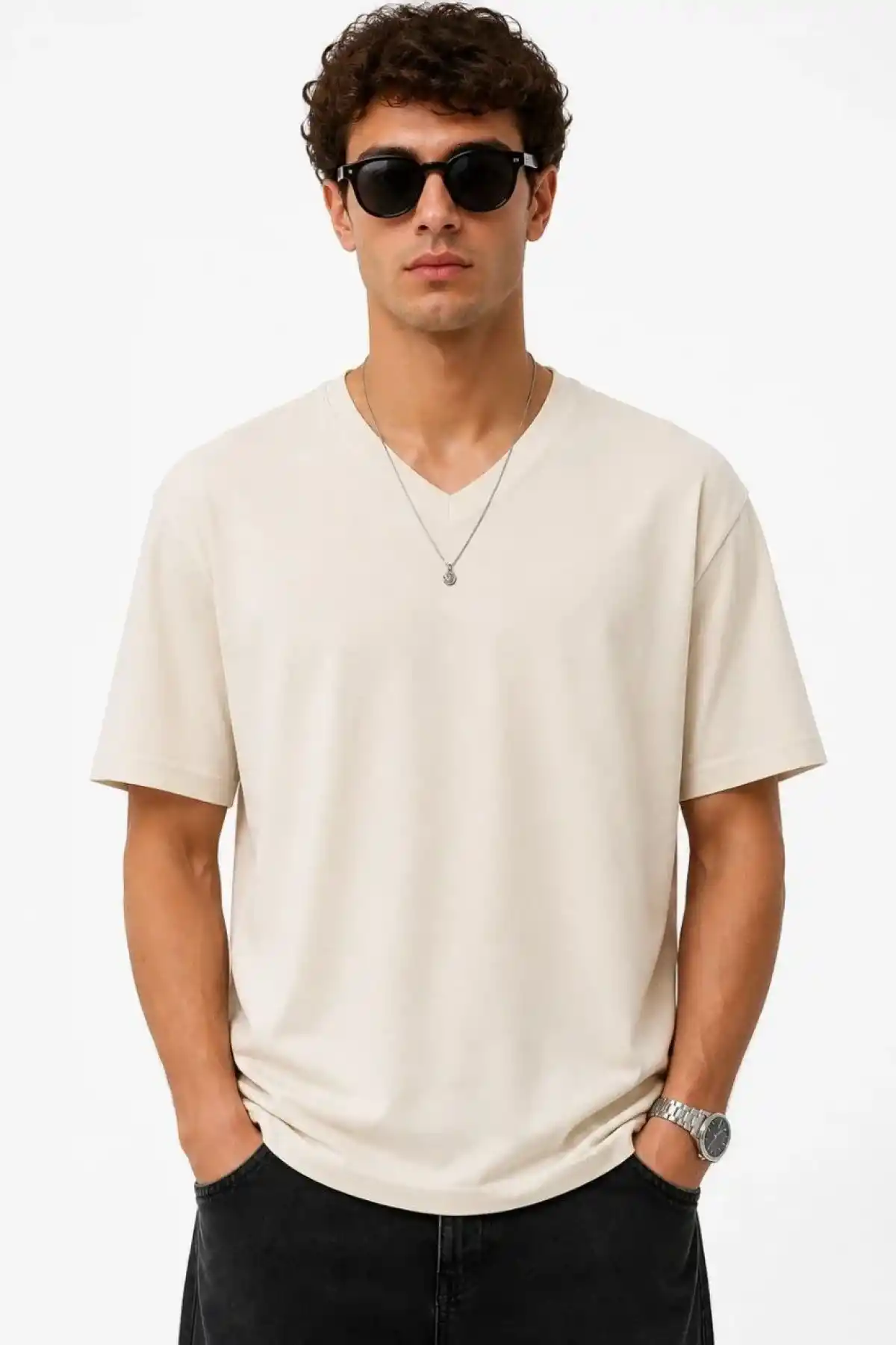 Erkek V Yaka Basic Tişört Kısa Kol Yazlık Regular Fit T-Shirt - Bej
