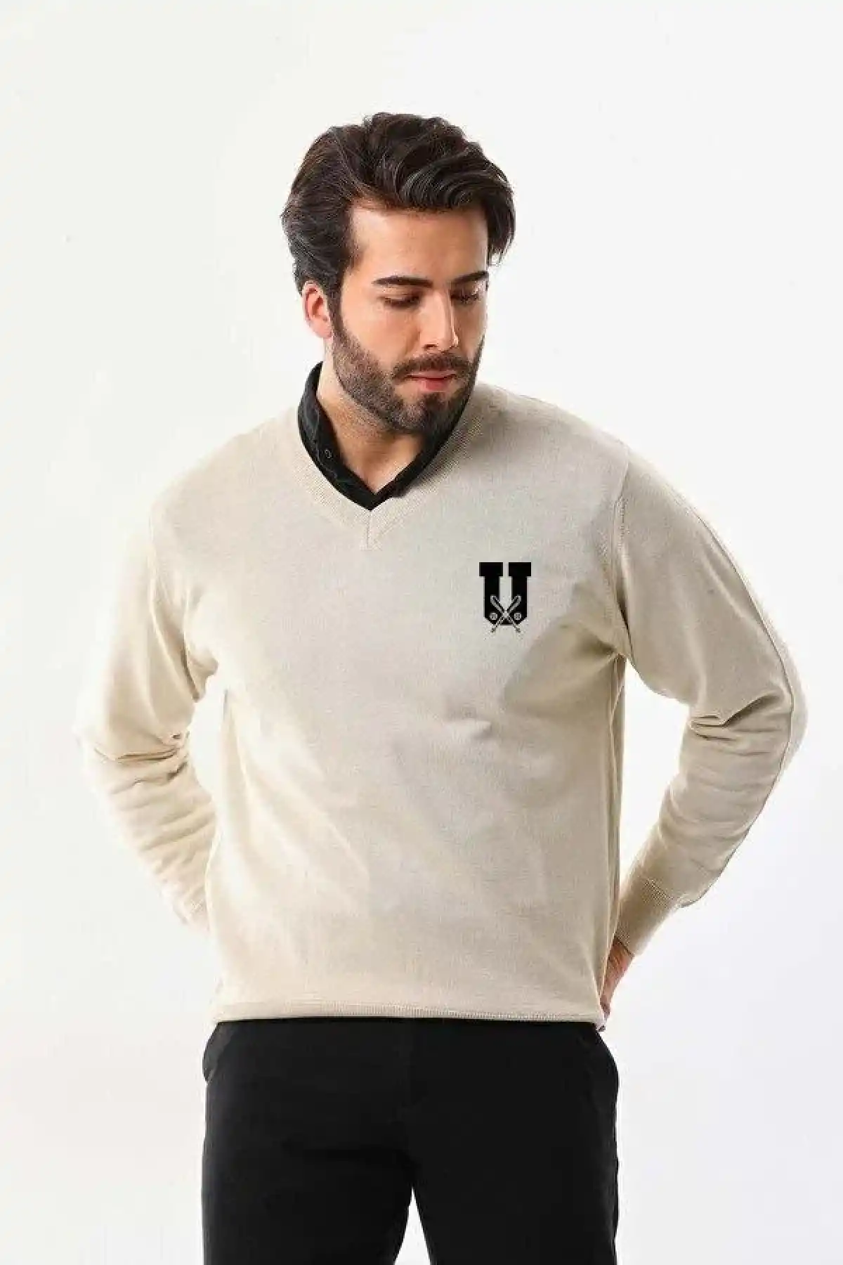 Erkek V Yaka Kazak Baskılı Dokuma Triko - Bej