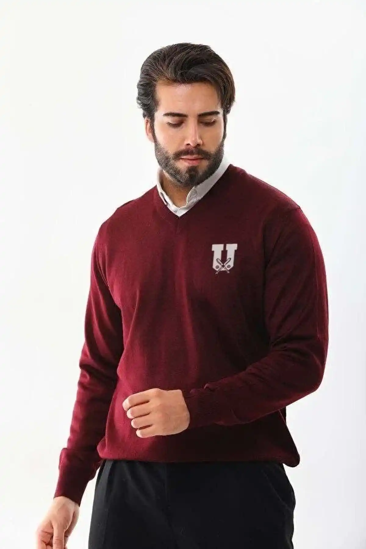 Erkek V Yaka Kazak Baskılı Dokuma Triko - Bordo