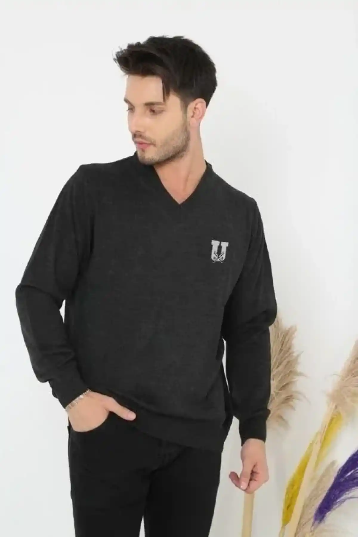 Erkek V Yaka Kazak Baskılı Dokuma Triko - Füme