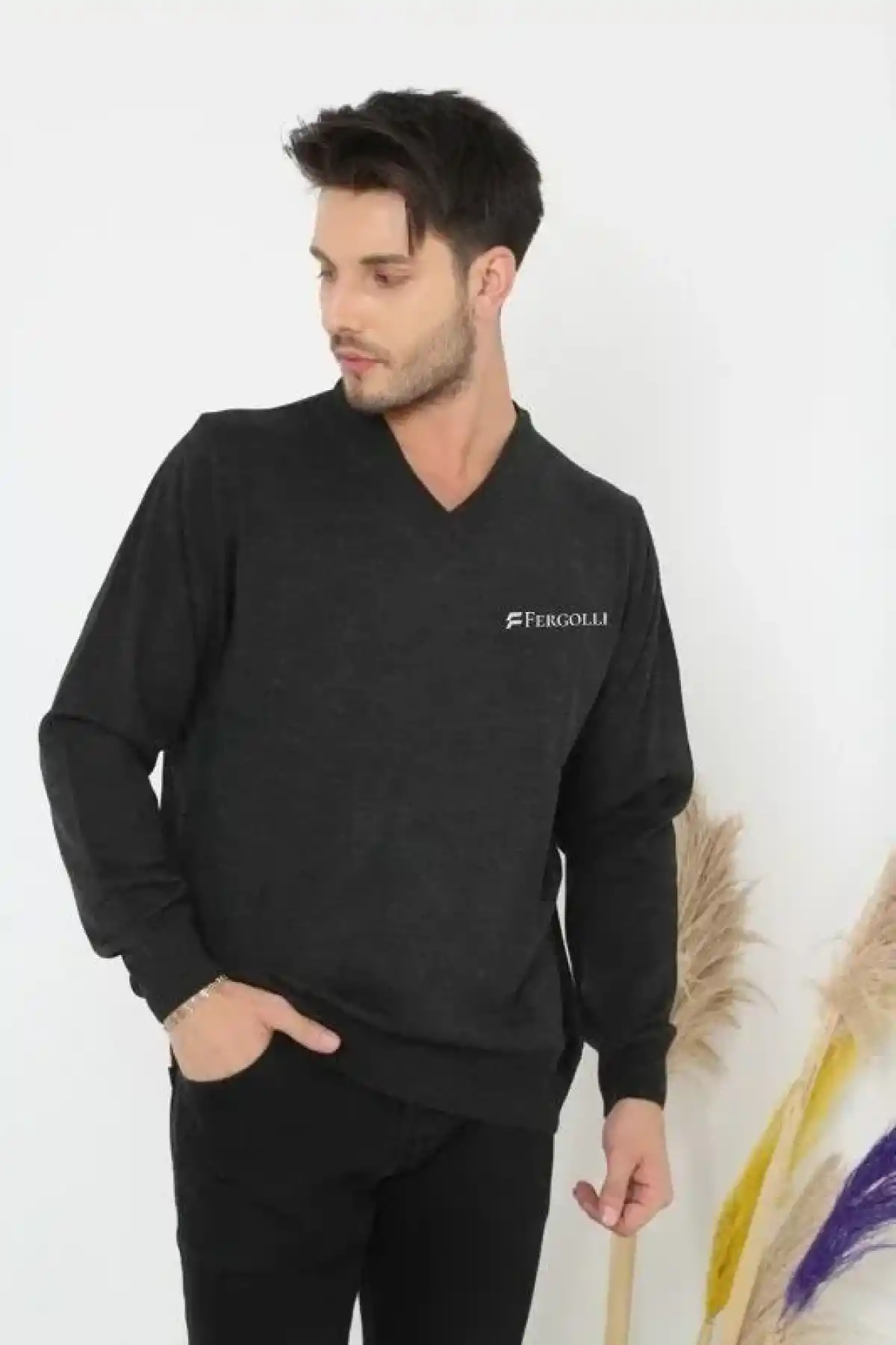 Erkek V Yaka Kazak Baskılı Dokuma Triko - Füme