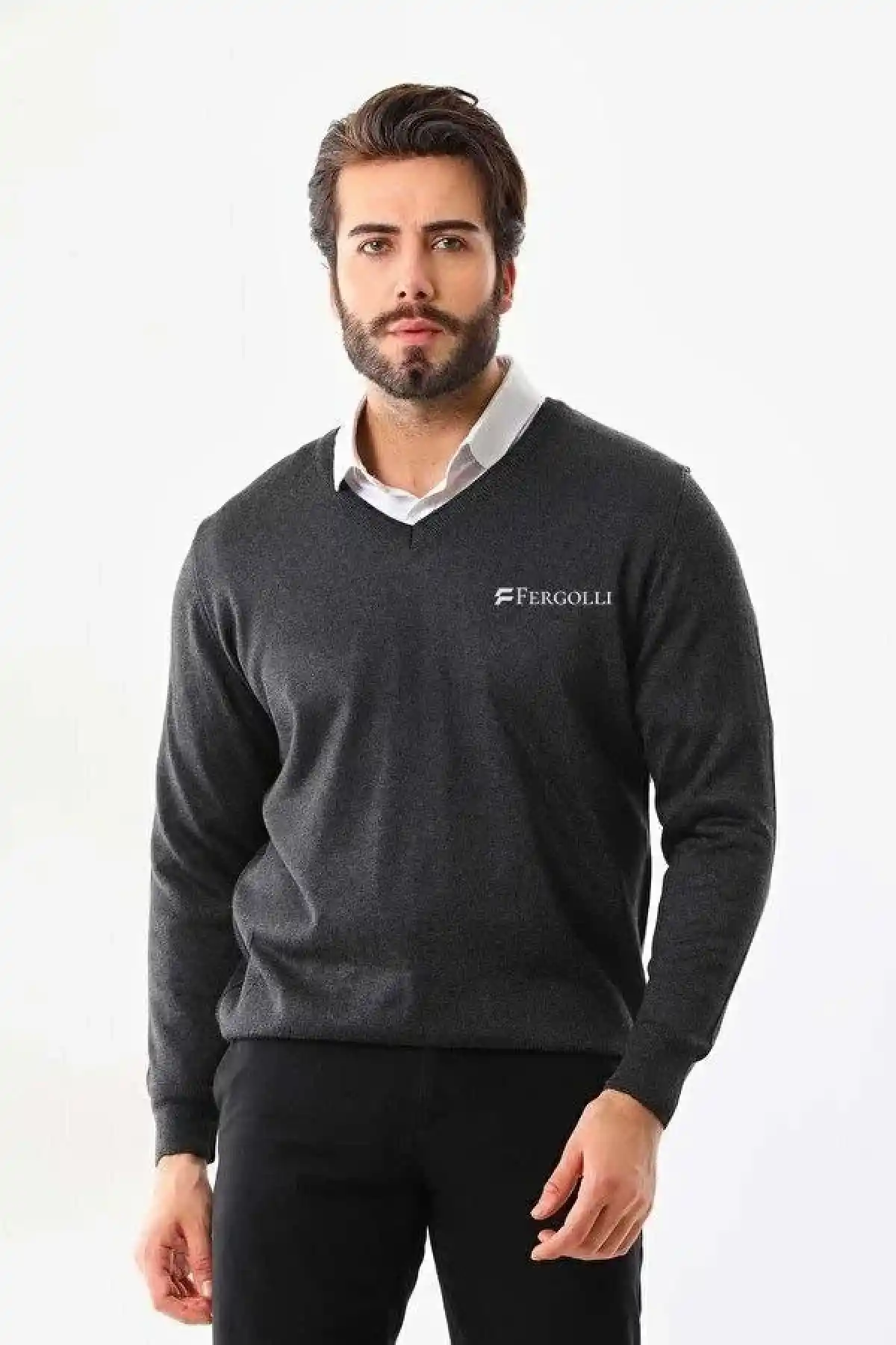 Erkek V Yaka Kazak Baskılı Dokuma Triko - Füme