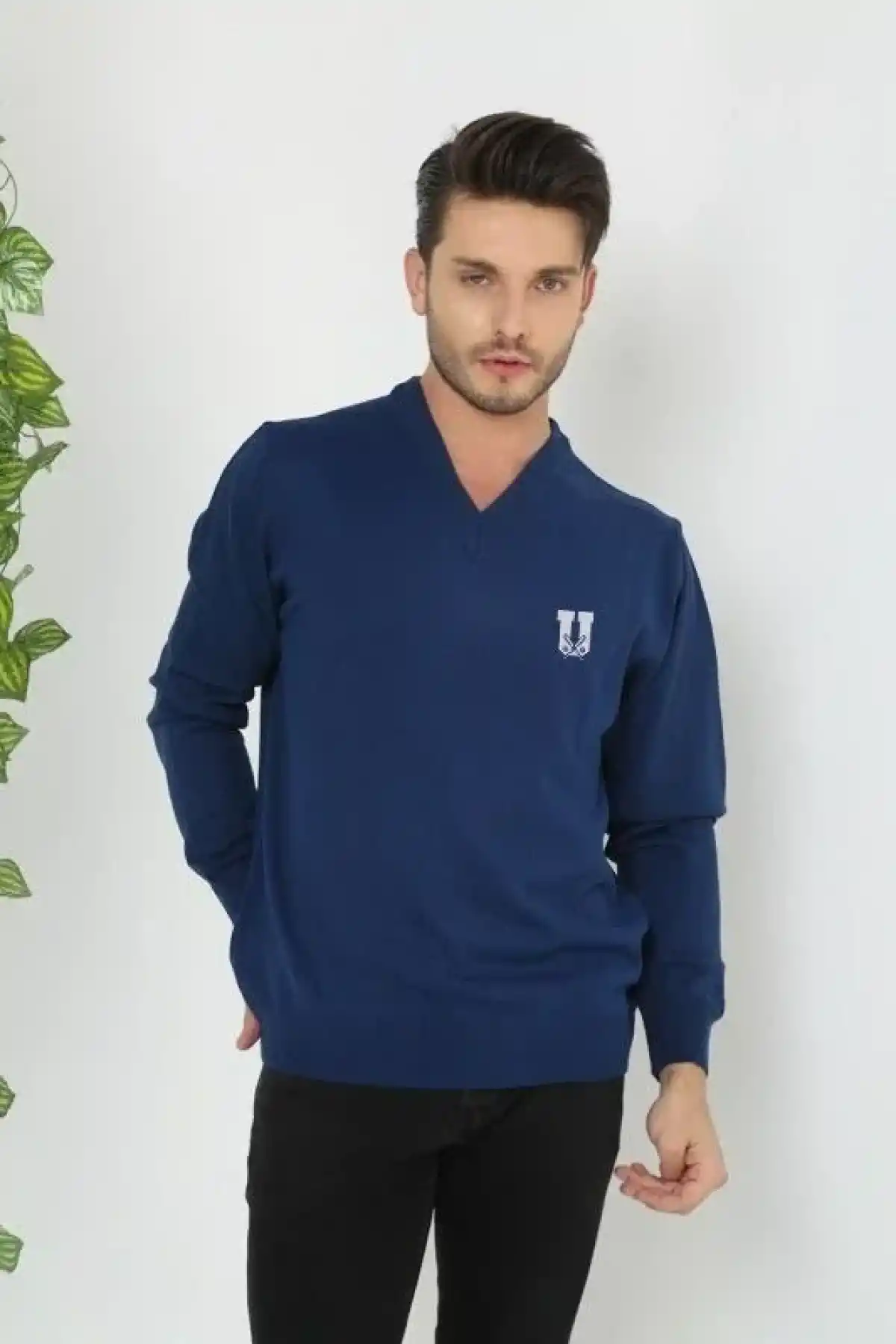 Erkek V Yaka Kazak Baskılı Dokuma Triko - Indigo
