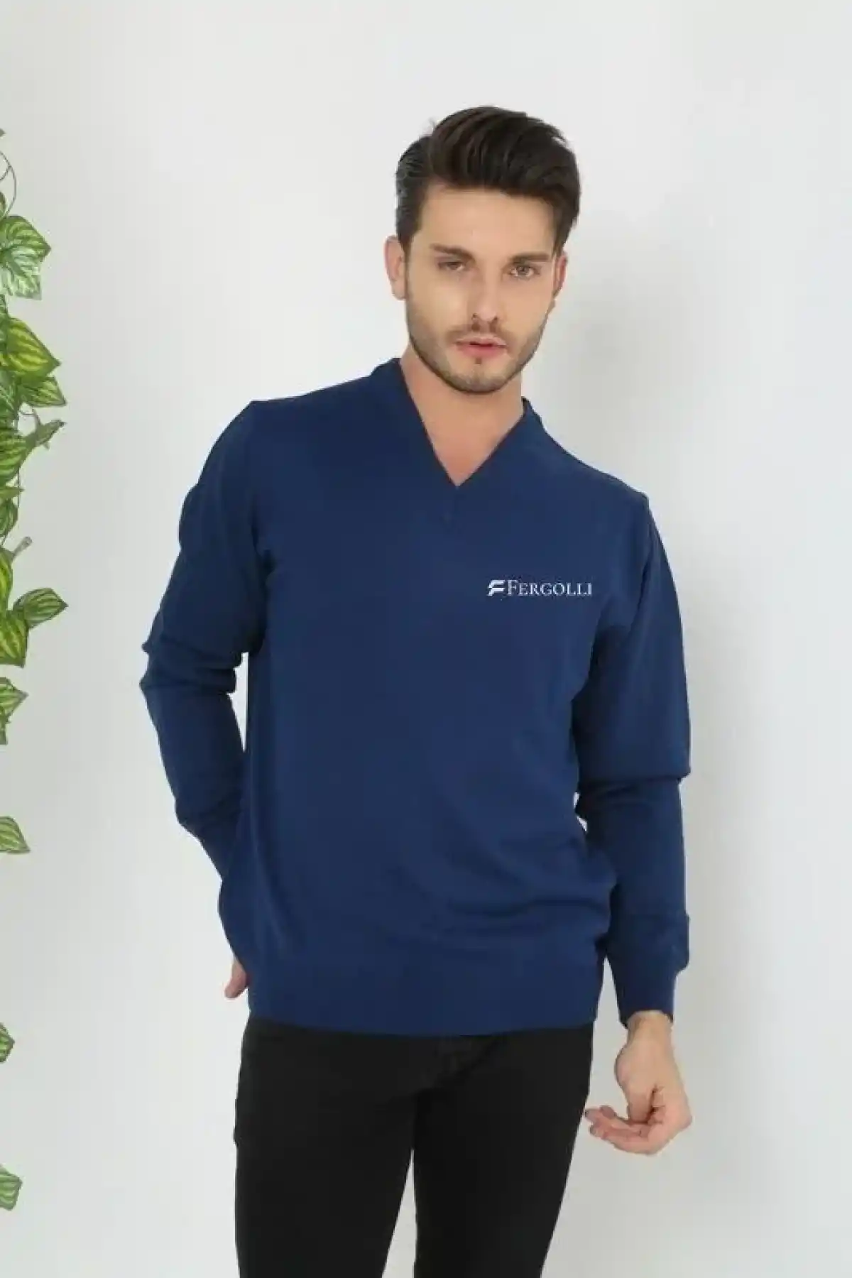 Erkek V Yaka Kazak Baskılı Dokuma Triko - İndigo