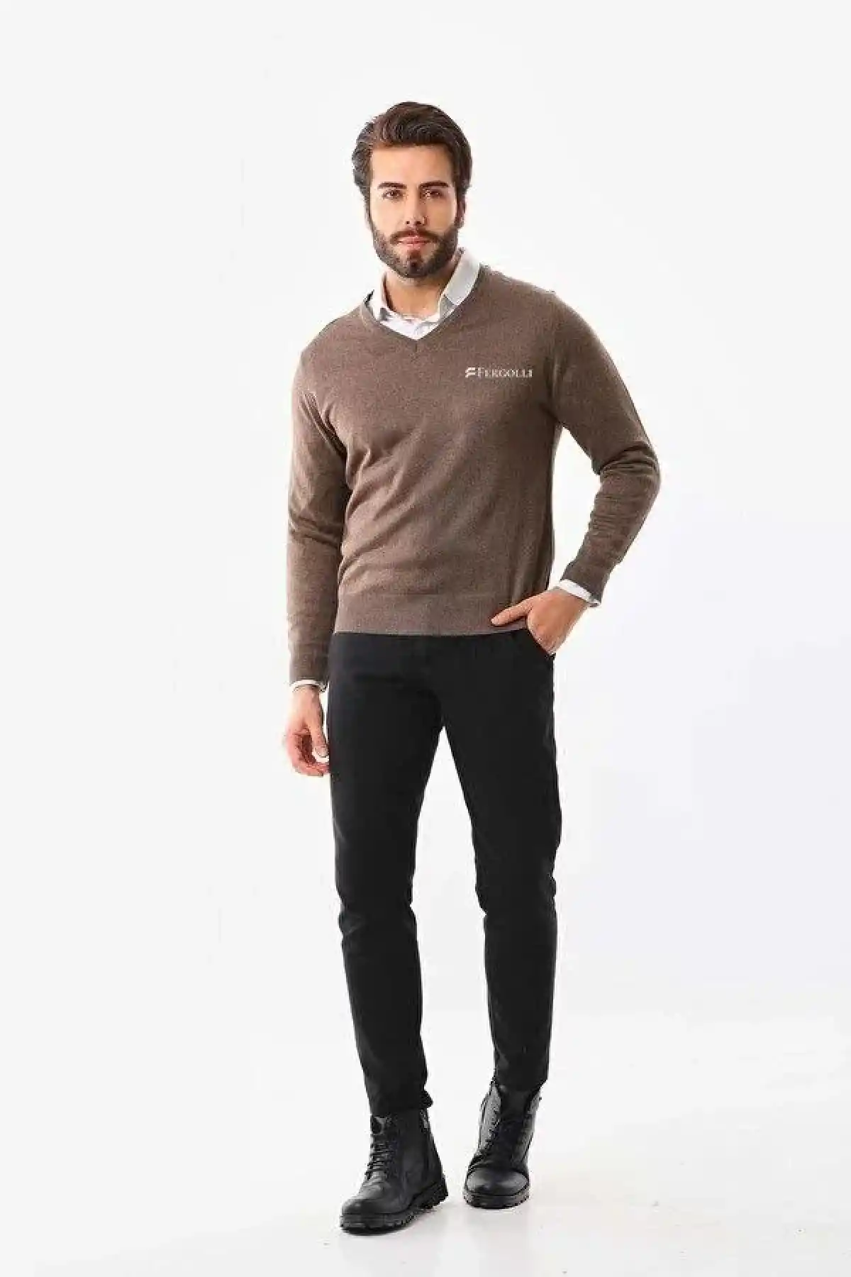 Erkek V Yaka Kazak Baskılı Dokuma Triko - Kahve