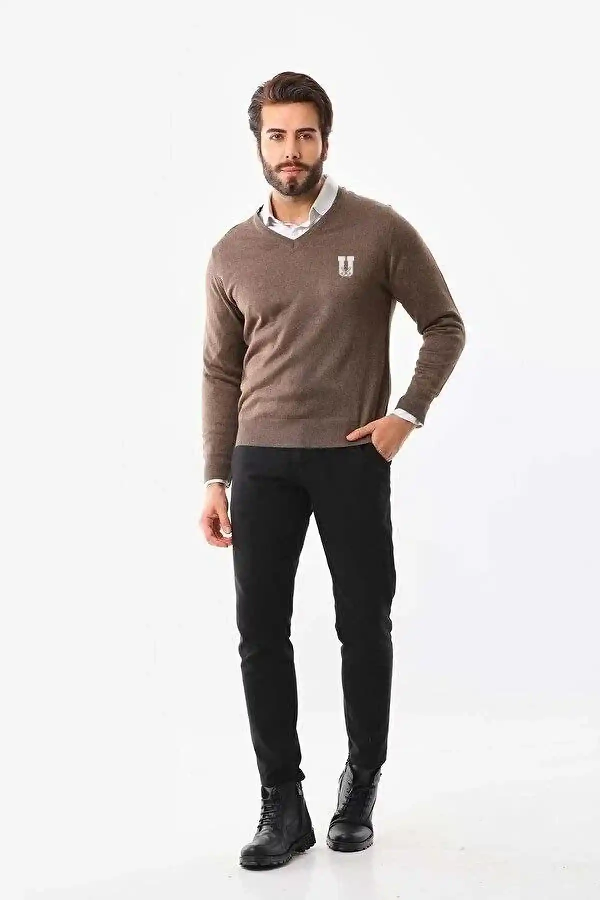 Erkek V Yaka Kazak Baskılı Dokuma Triko - Kahve