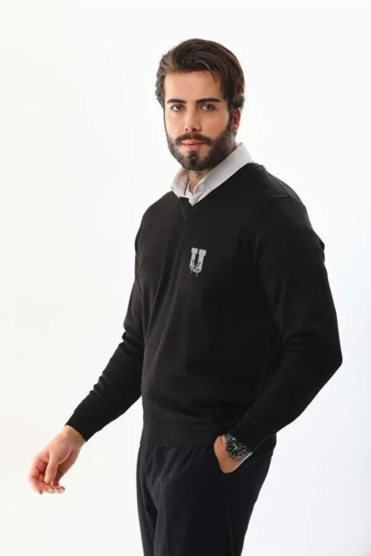 Erkek V Yaka Kazak Baskılı Dokuma Triko - Siyah