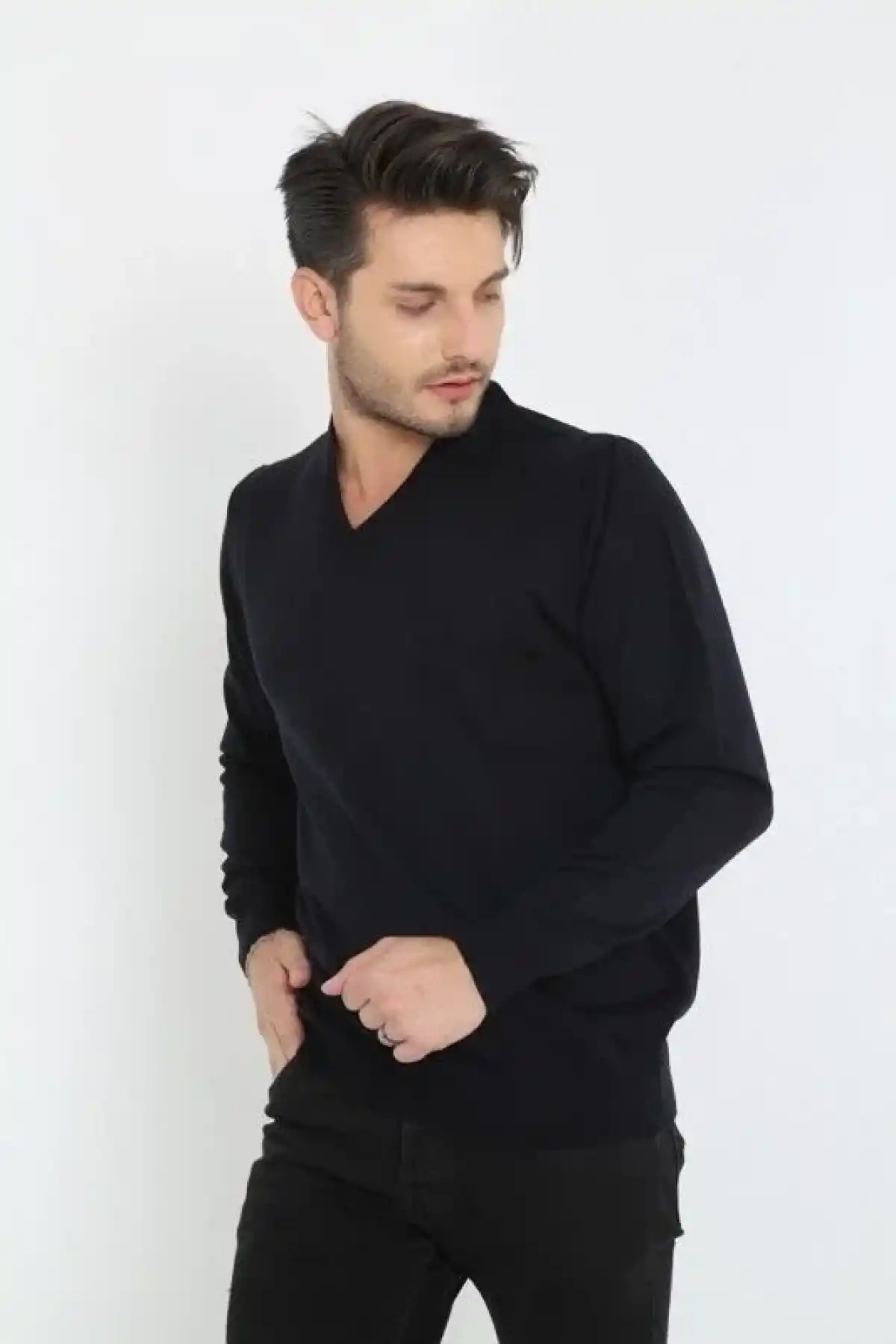 Erkek V Yaka Kazak Uzun Kol Düz Dokuma Triko - Siyah