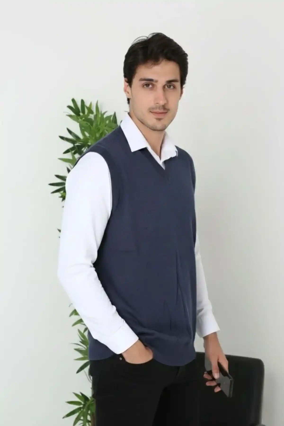 Erkek V Yaka Kolsuz Süveter Triko Kazak yumuşak dokulu Pamuklu ince Dokuma Rahat Regular kalıp - Lacivert