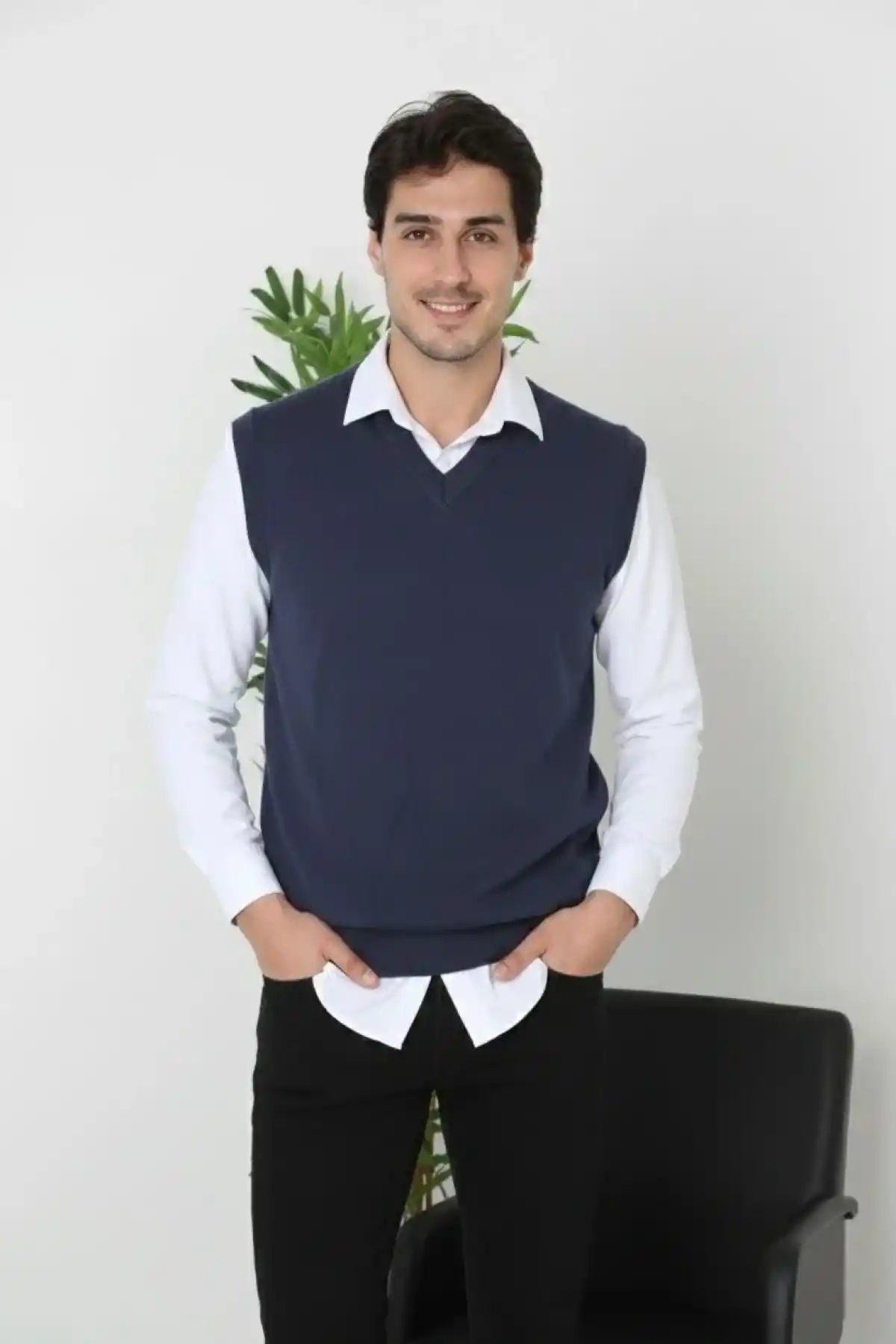 Erkek V Yaka Kolsuz Süveter Triko Kazak yumuşak dokulu Pamuklu ince Dokuma - Lacivert