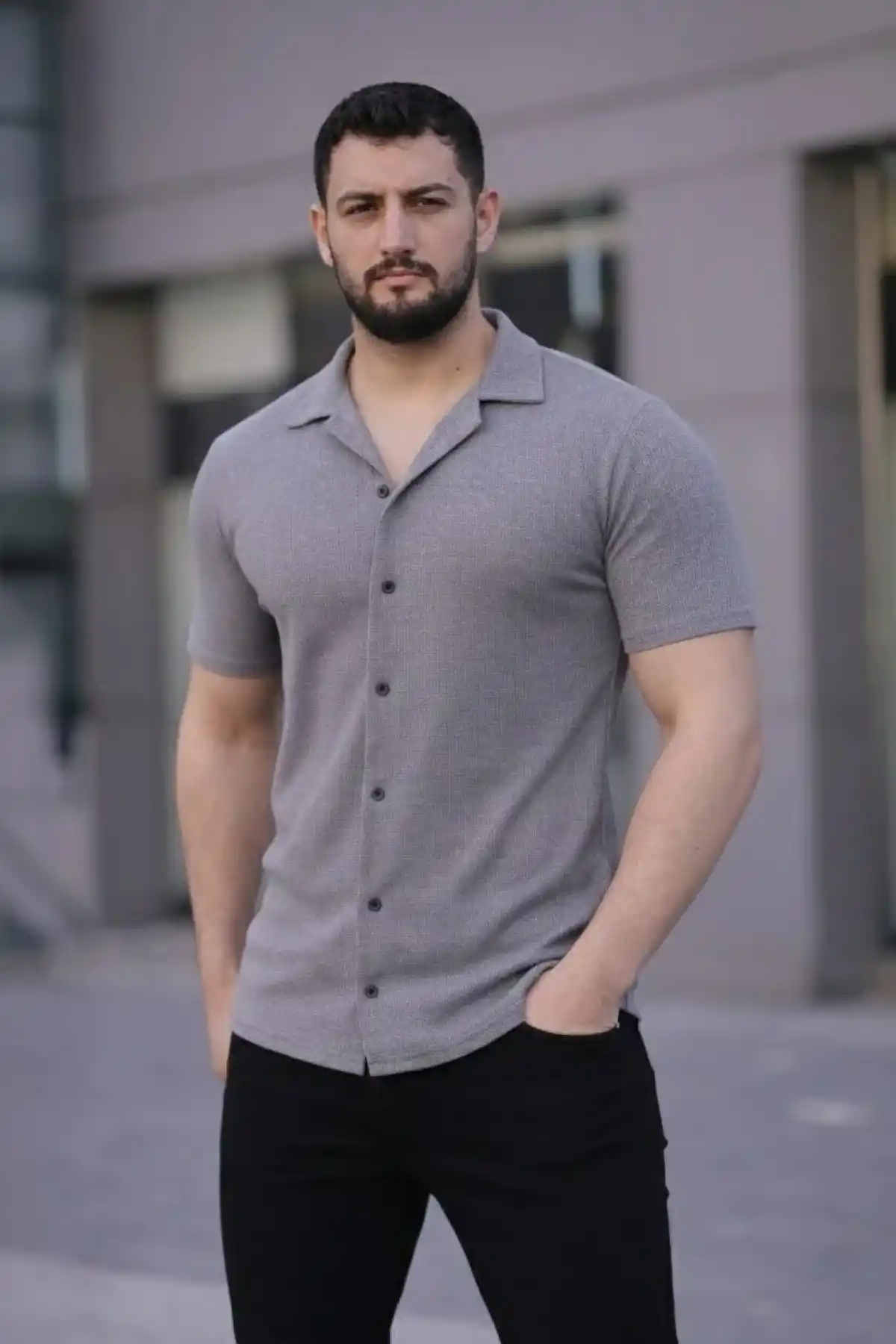 Erkek Waffle Dokuma Açık Yakalı Düğmeli Regular Kalıp 2’li Gömlek Seti - Lacivert & Gri