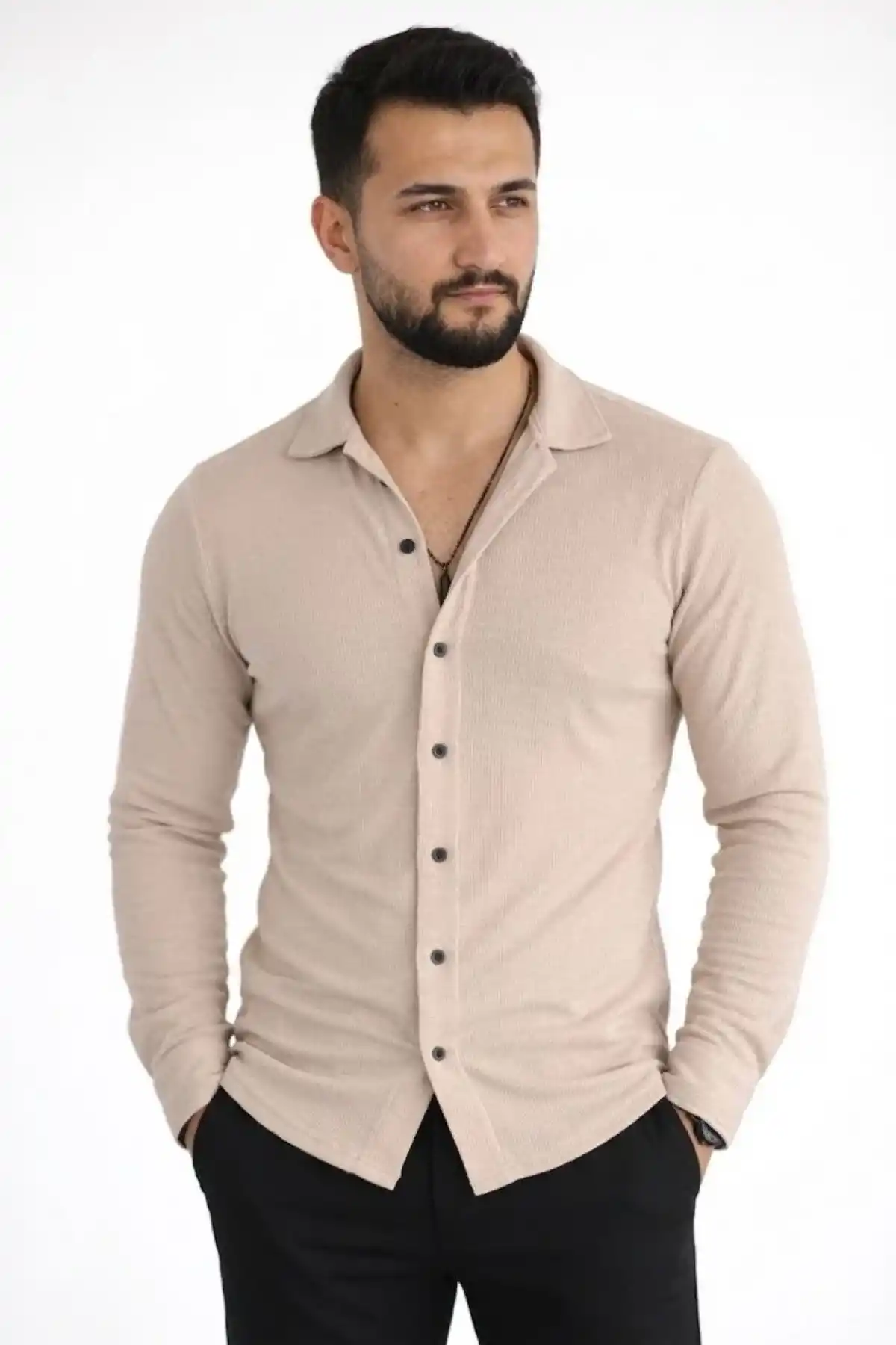 Erkek Waffle Kumaş Uzun Kollu Düğmeli Açık Yaka Regular Fit Gömlek - Bej