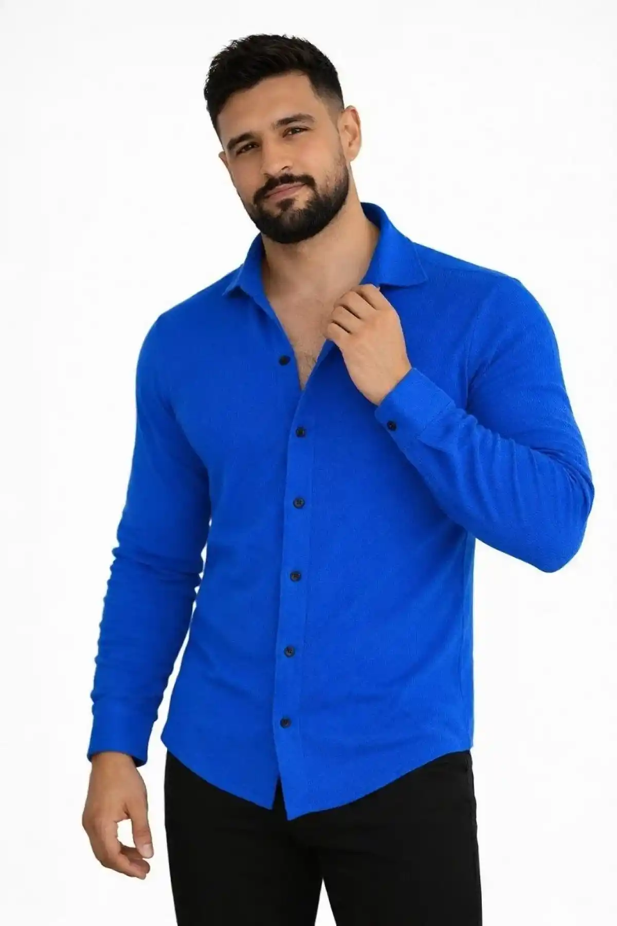 Erkek Waffle Kumaş Uzun Kollu Düğmeli Açık Yaka Regular Fit Gömlek - Saks Mavisi