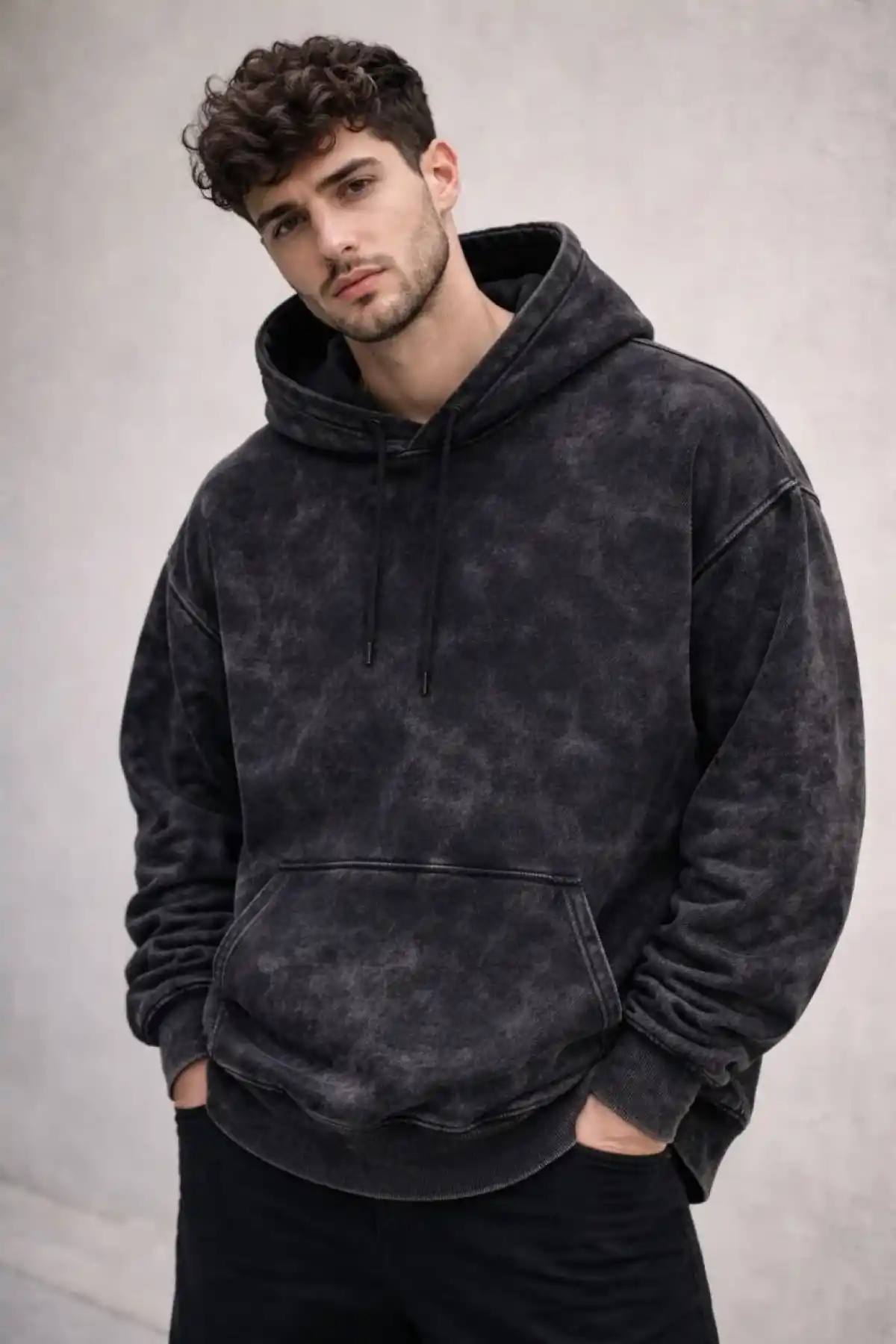 Erkek Yağ Yıkamalı Kapşonlu Double Oversize Üç İplik Pamuklu Sweatshirt - Siyah