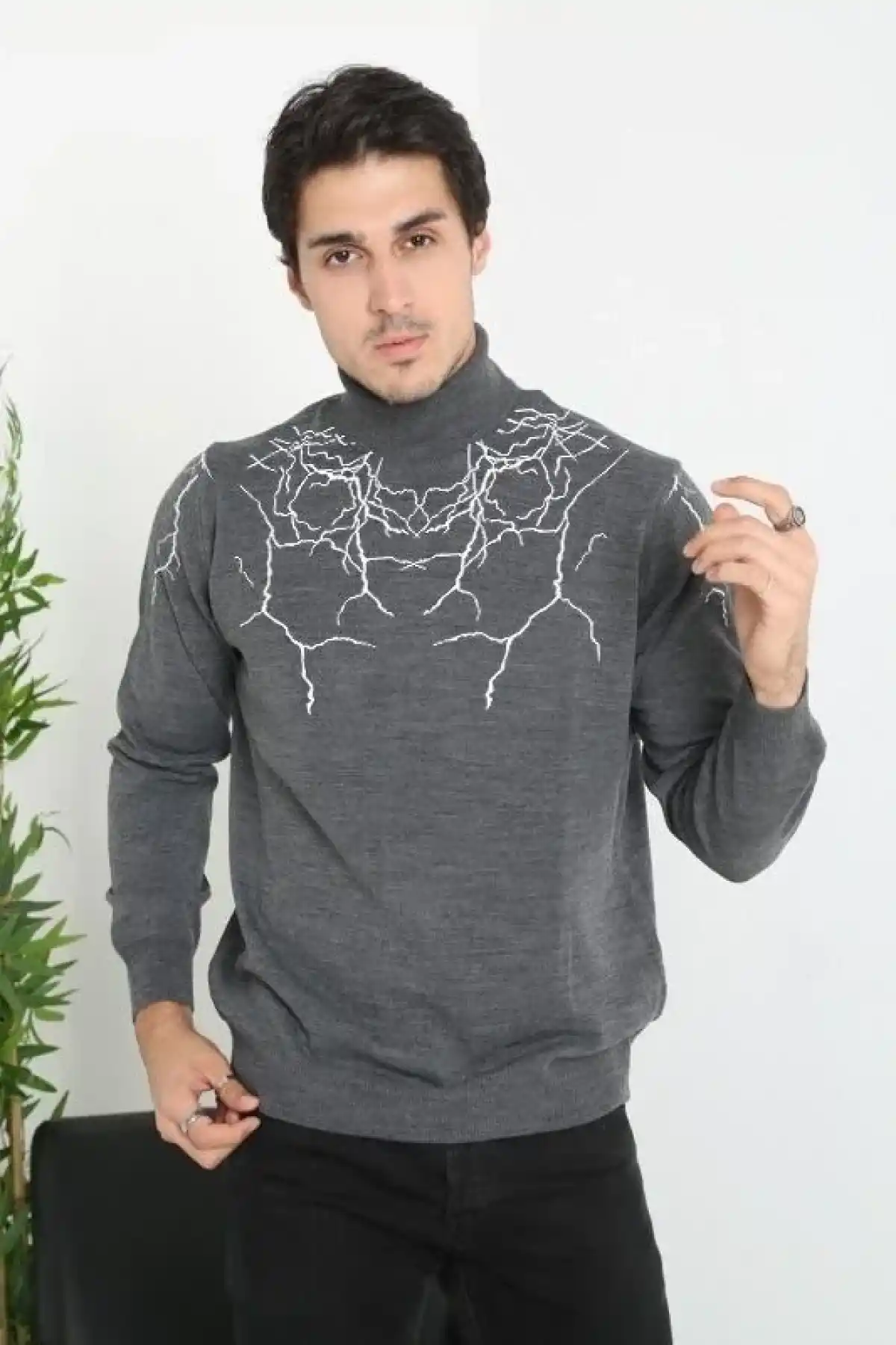 Erkek Yarım Bağazlı Kazak Baskılı Dokuma Triko - Antrasit