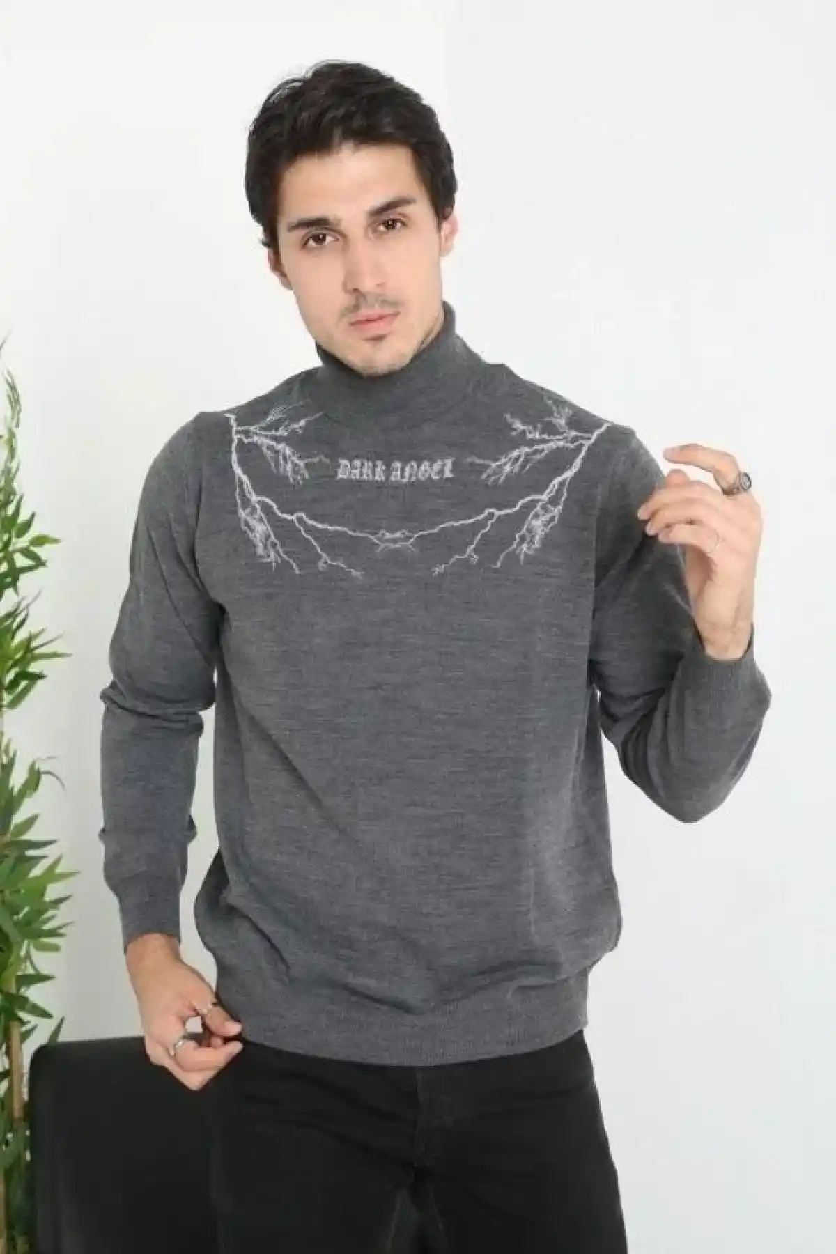 Erkek Yarım Bağazlı Kazak Baskılı Dokuma Triko - Antrasit