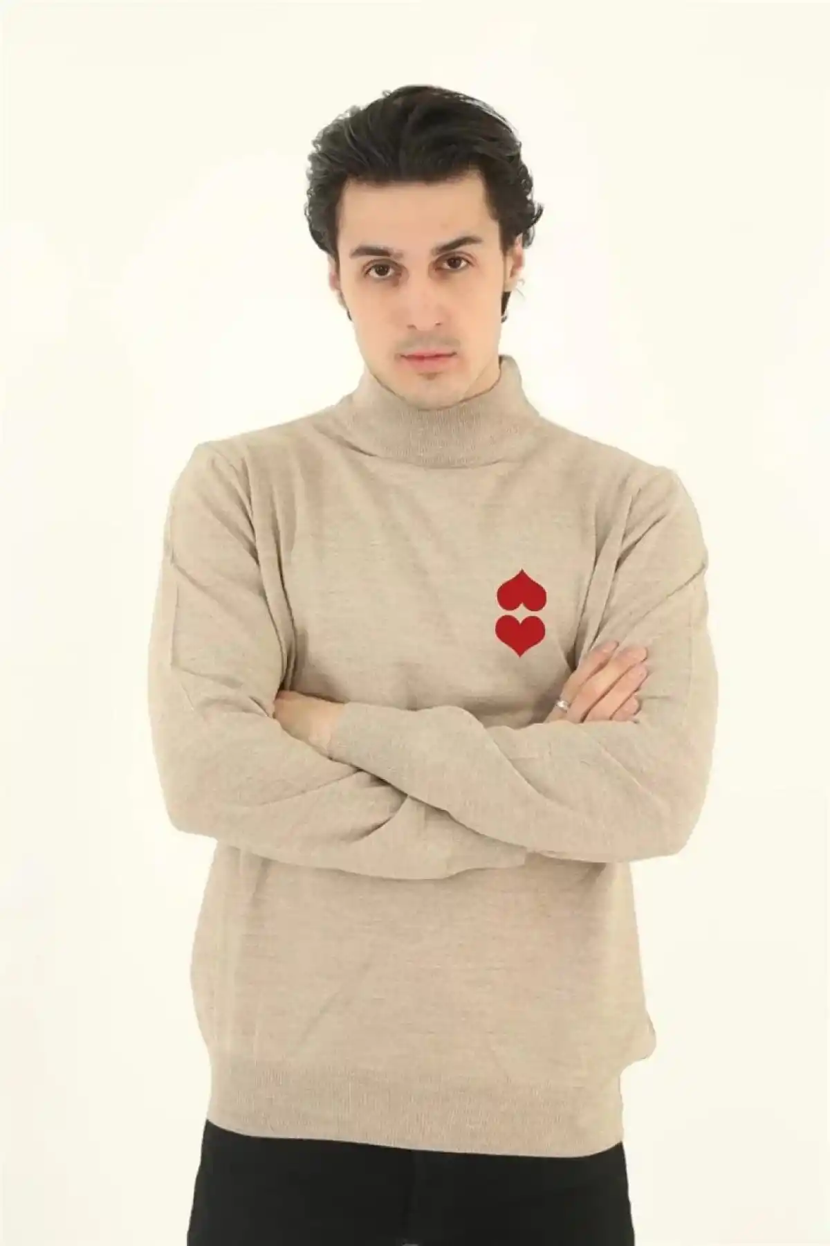 Erkek Yarım Bağazlı Kazak Baskılı Dokuma Triko - Bej