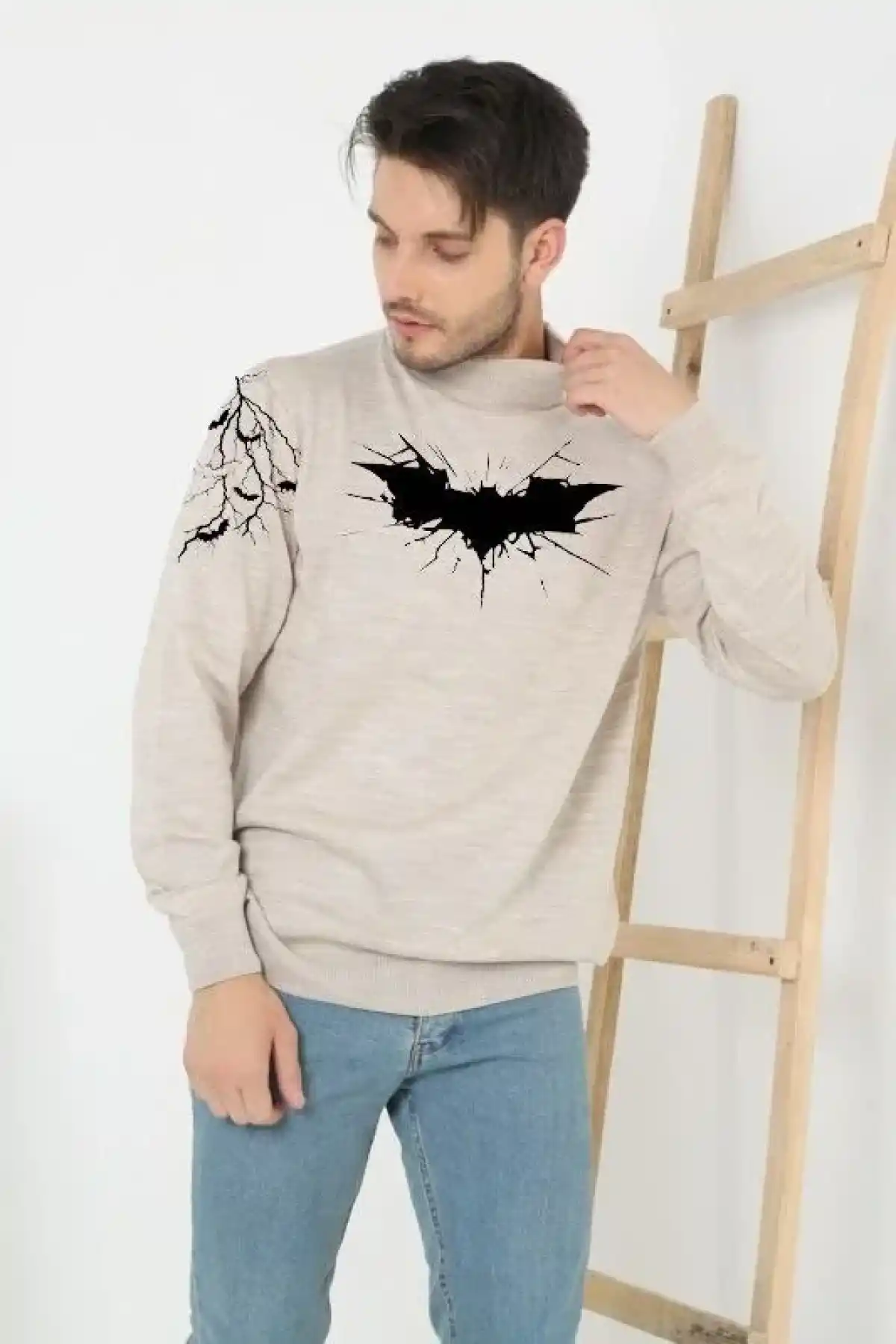 Erkek Yarım Bağazlı Kazak Baskılı Dokuma Triko - Bej