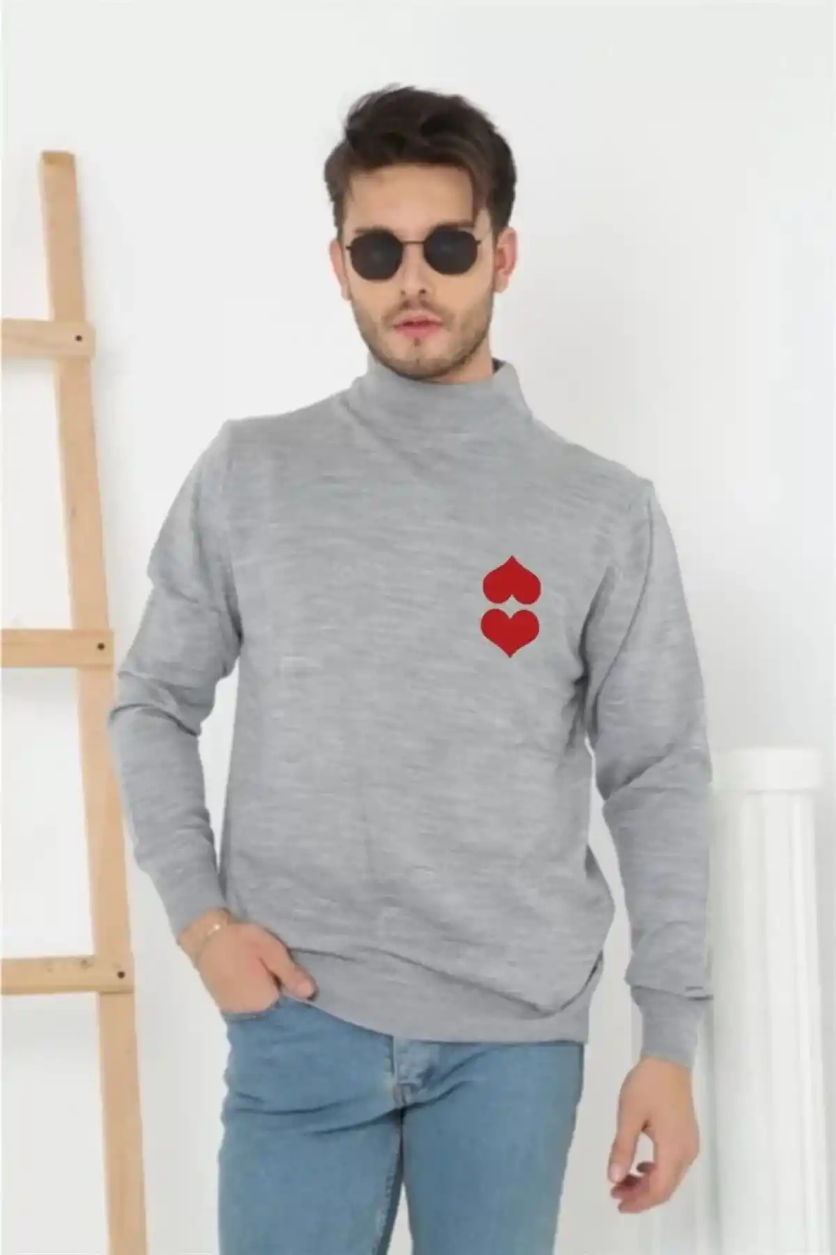 Erkek Yarım Bağazlı Kazak Baskılı Dokuma Triko - Gri