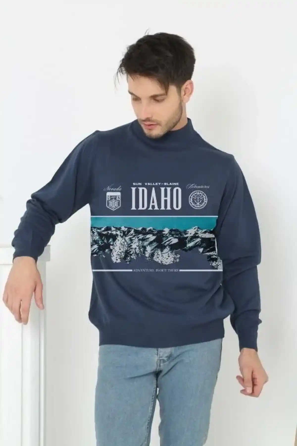 Erkek Yarım Bağazlı Kazak Baskılı Dokuma Triko - Indigo