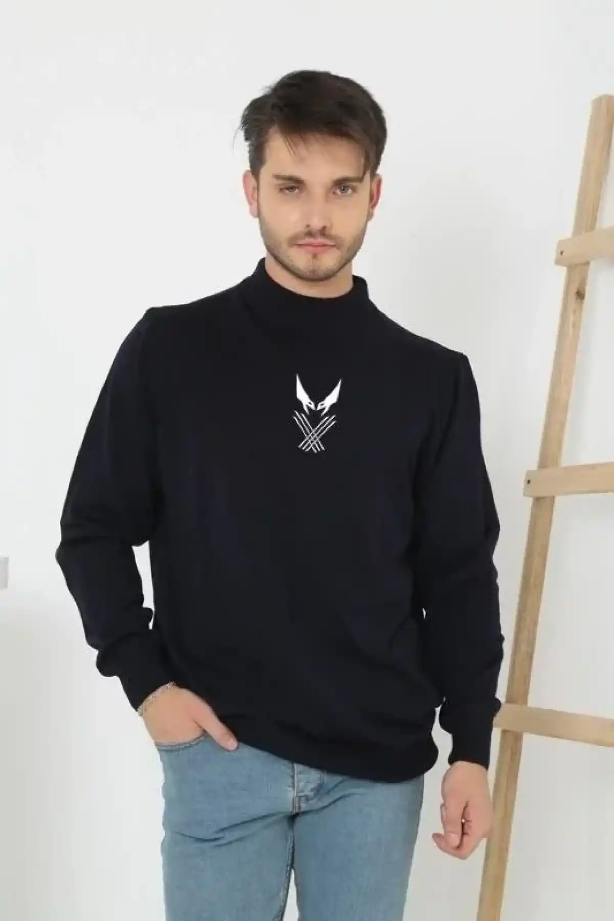 Erkek Yarım Bağazlı Kazak Baskılı Dokuma Triko - Siyah