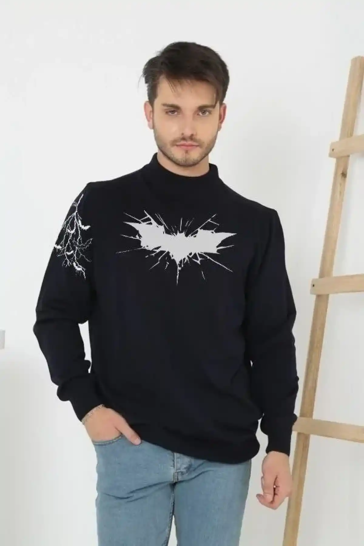Erkek Yarım Bağazlı Kazak Baskılı Dokuma Triko - Siyah