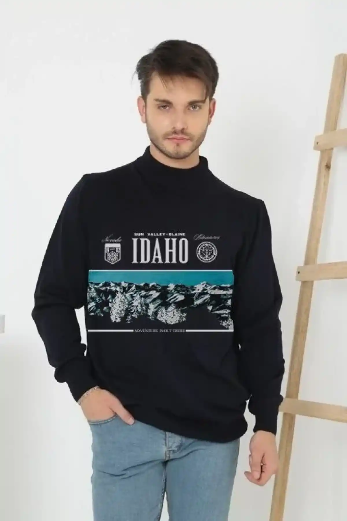 Erkek Yarım Bağazlı Kazak Baskılı Dokuma Triko - Siyah