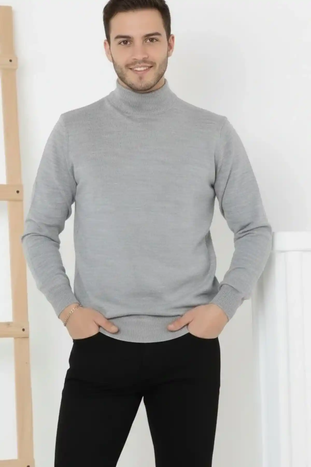 Erkek Yarım Boğaz Triko Kazak yumuşak dokulu Pamuklu ince Dokuma uzun kollu Regular - Gri