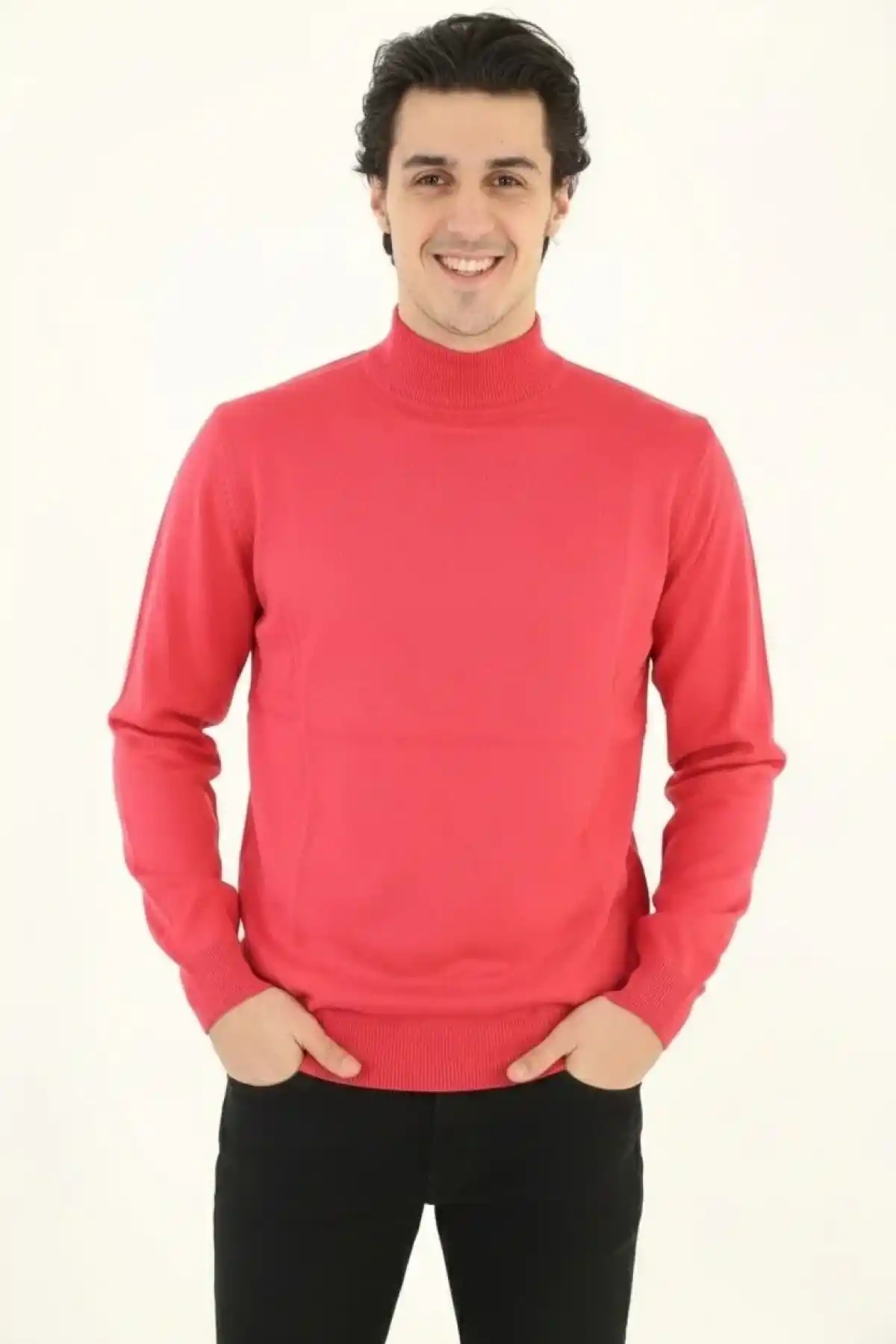 Erkek Yarım Boğaz Triko Kazak yumuşak dokulu Pamuklu ince Dokuma uzun kollu - Pembe