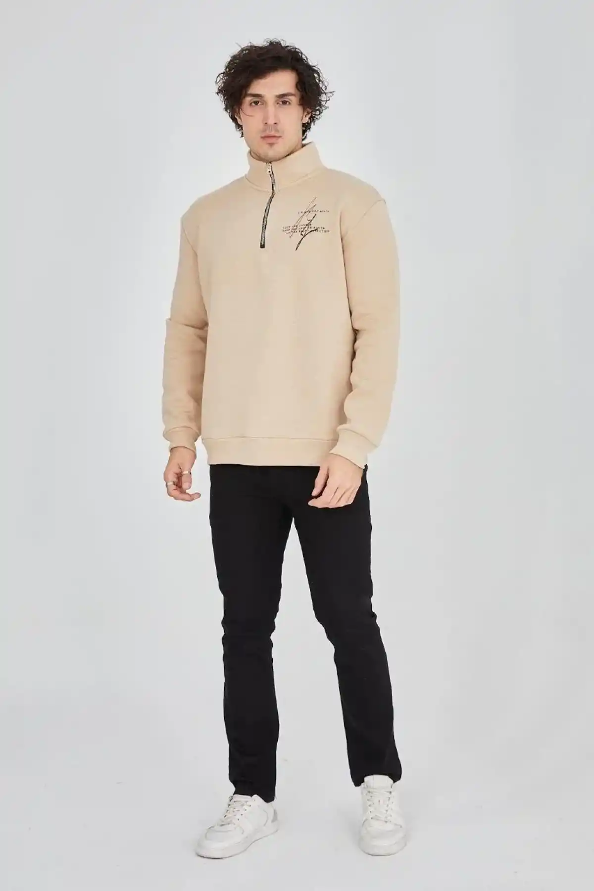 Erkek Yarım Fermuarlı Baskılı üç iplik pamuklu sweatshirt - Bej