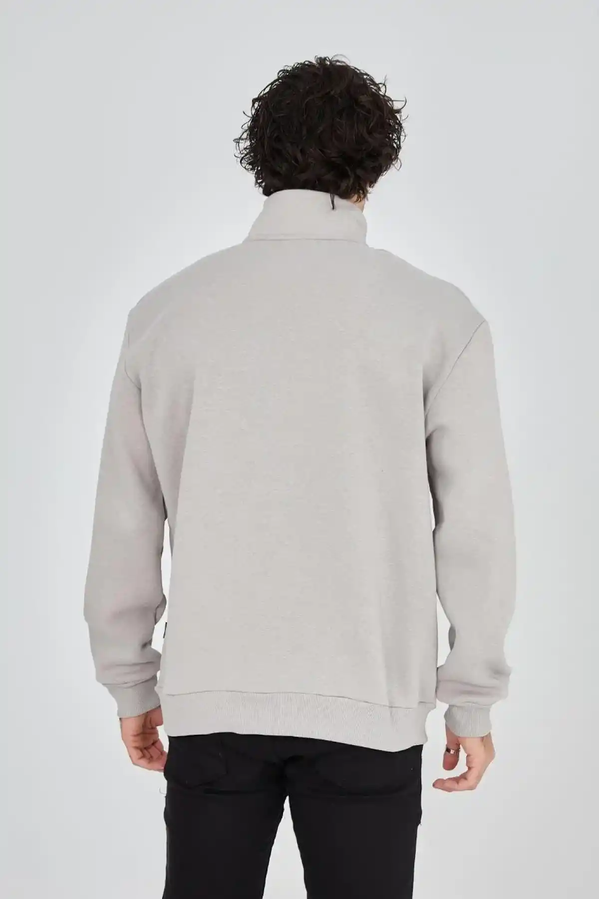Erkek Yarım Fermuarlı Baskılı üç iplik pamuklu sweatshirt - Boyalı Gri