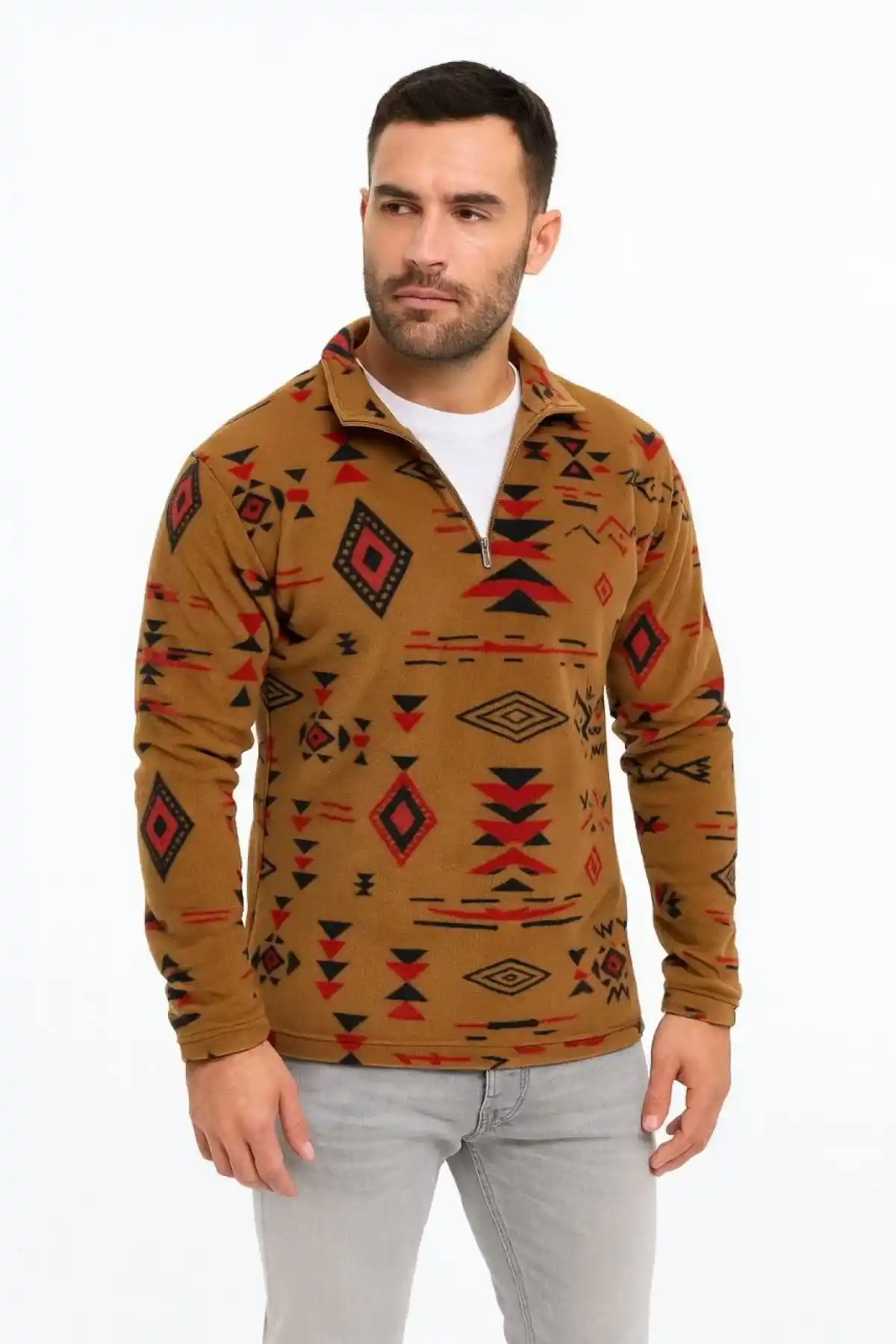 Erkek Yarım Fermuarlı Desenli Polar Sweat Tribal Etnik Desen Yakalı, Uzun Kollu, Oversize Rahat Kalıp, - Kahverengi