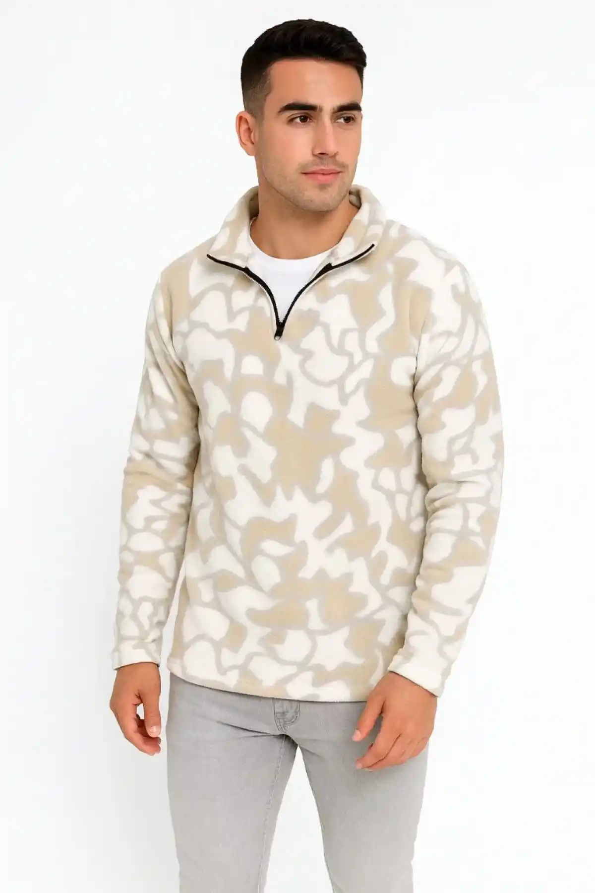 Erkek Yarım Fermuarlı Desenli Polar Sweat Yakalı, Uzun Kollu, Oversize Rahat Kalıp - Bej